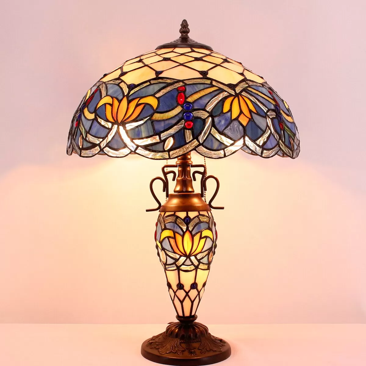 Tiffany Lamp With Nightlight Rustic Large Blue Stained Glass Lotus Table Lamp Desk 24" Tall Vintage Base Lover Living Room Bedroom Bedside Nightstand Home Office Family Bloomsbury Market Led - Amazon