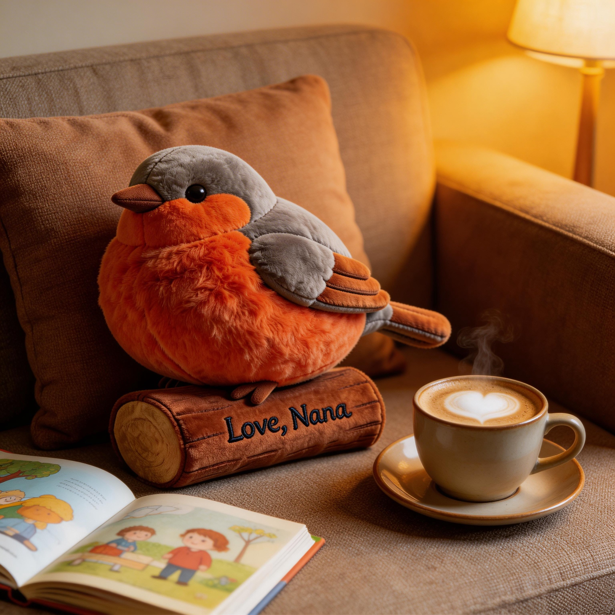 Personalized Garden Robin Plush Pillow with Custom Name (3D Bird on Log Cushion)-$33.00-Photo to 3d art