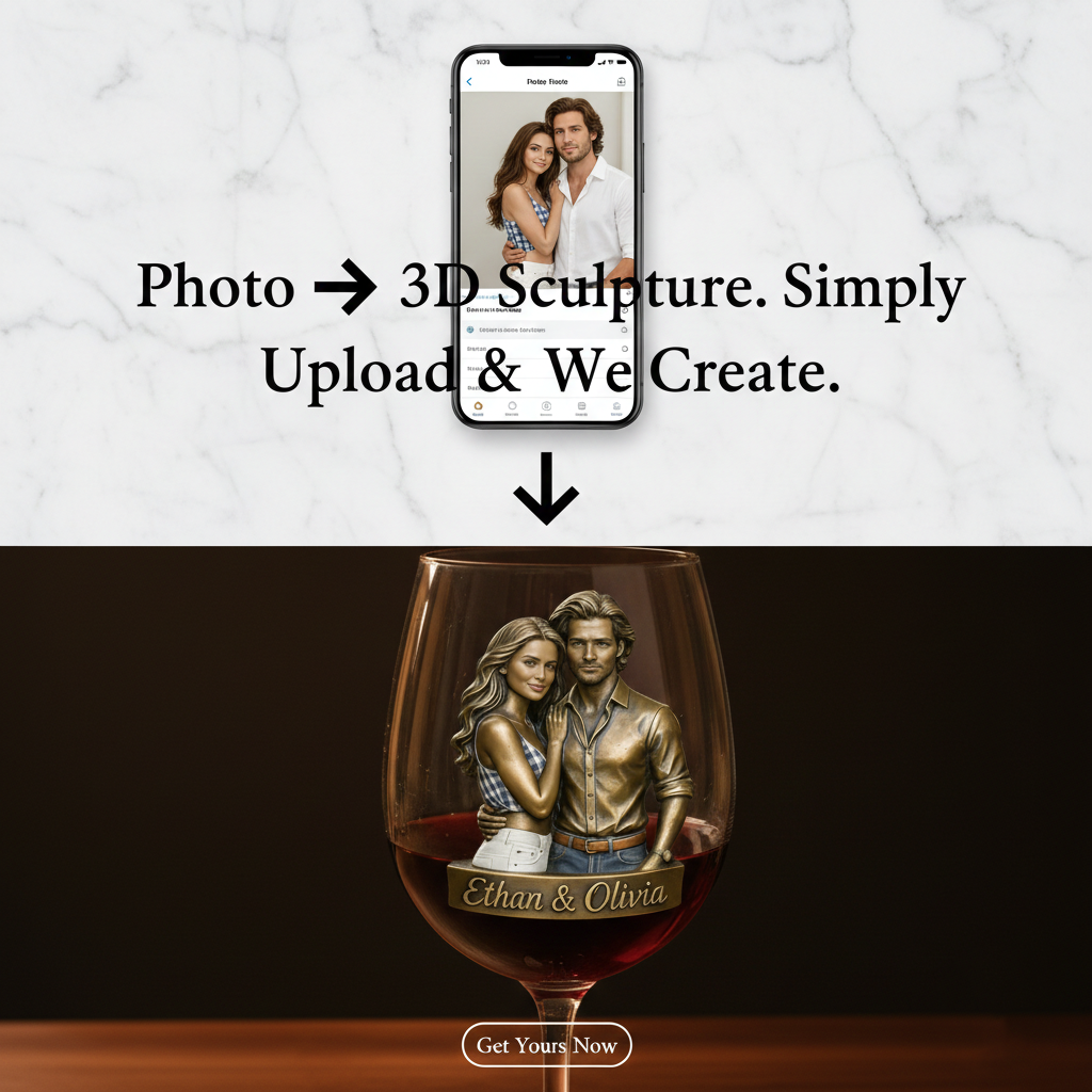 Custom Bronze Style Couple Photo Wine Glass with Names-$33.00-Photo to 3d art