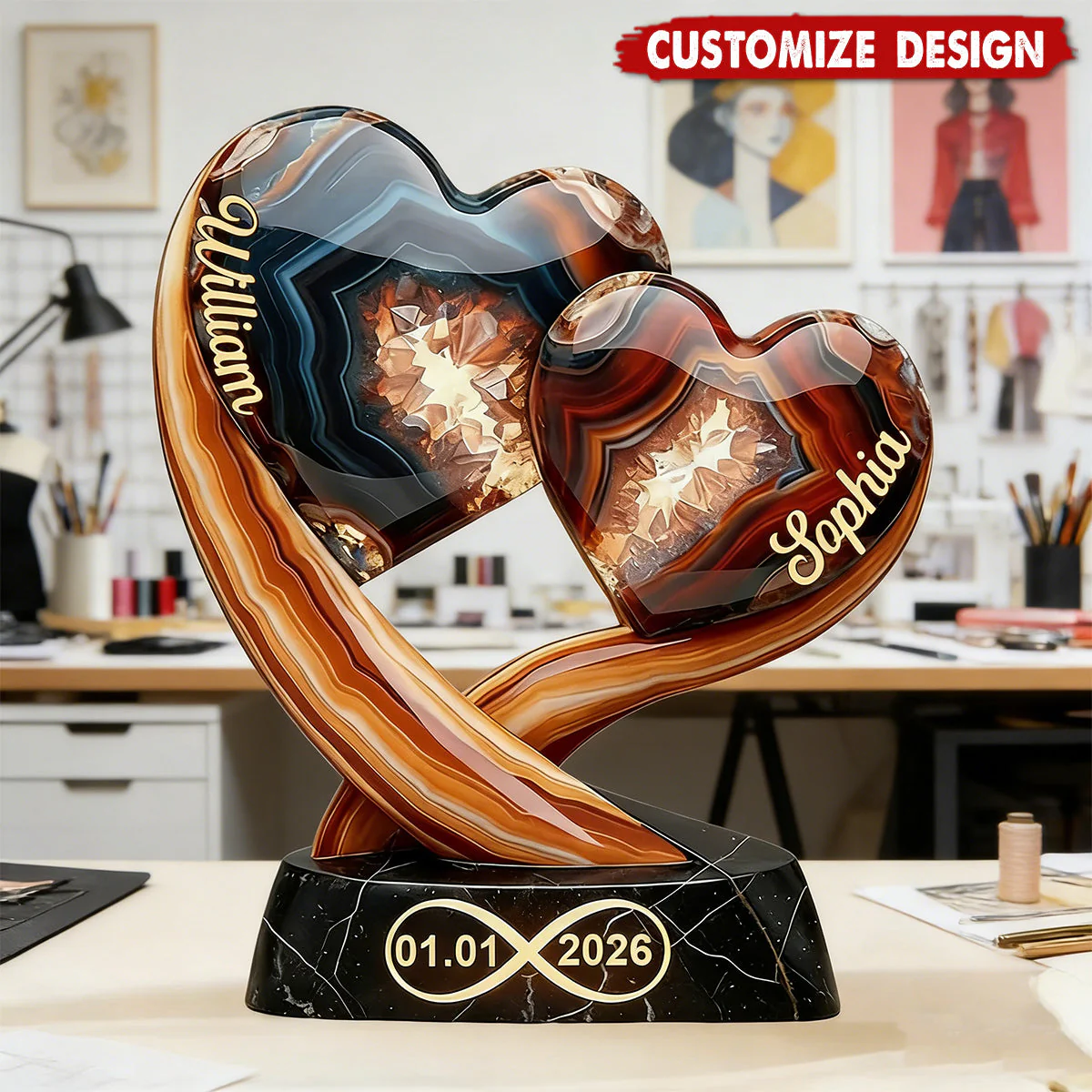 Together Forever - Personalized Two Heart Couple Plaque-$48.99-Photo to 3d art