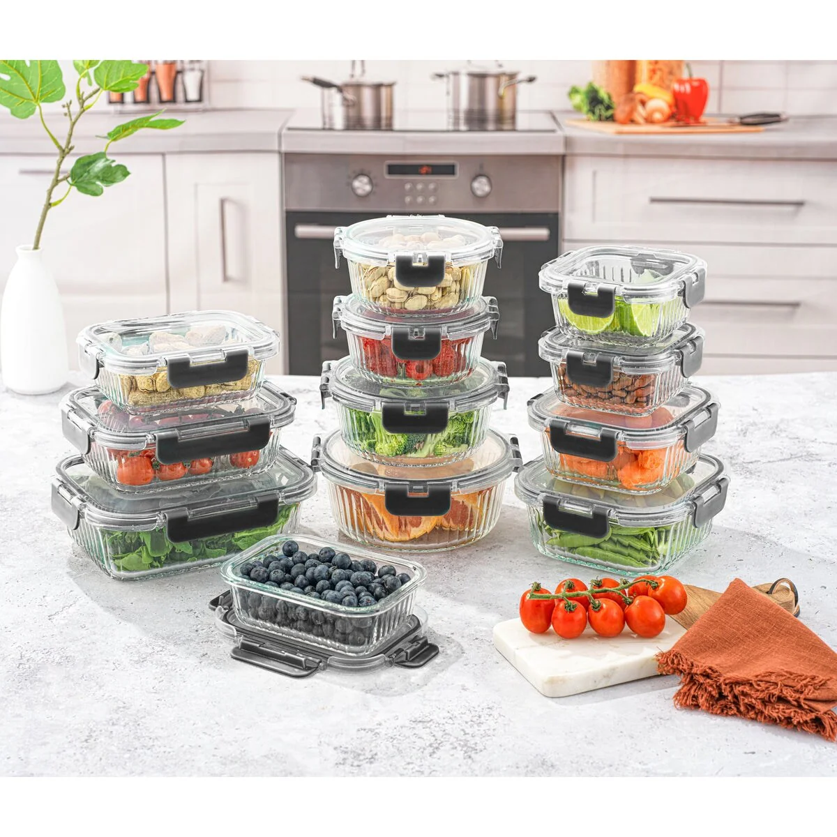 JoyJolt 24-Piece Fluted Glass Food Storage Container Set with Lids - 13.5 oz. 20.5 oz. 32 oz. 5.2 in. 5.9 in. 6.75 in. - Amazon