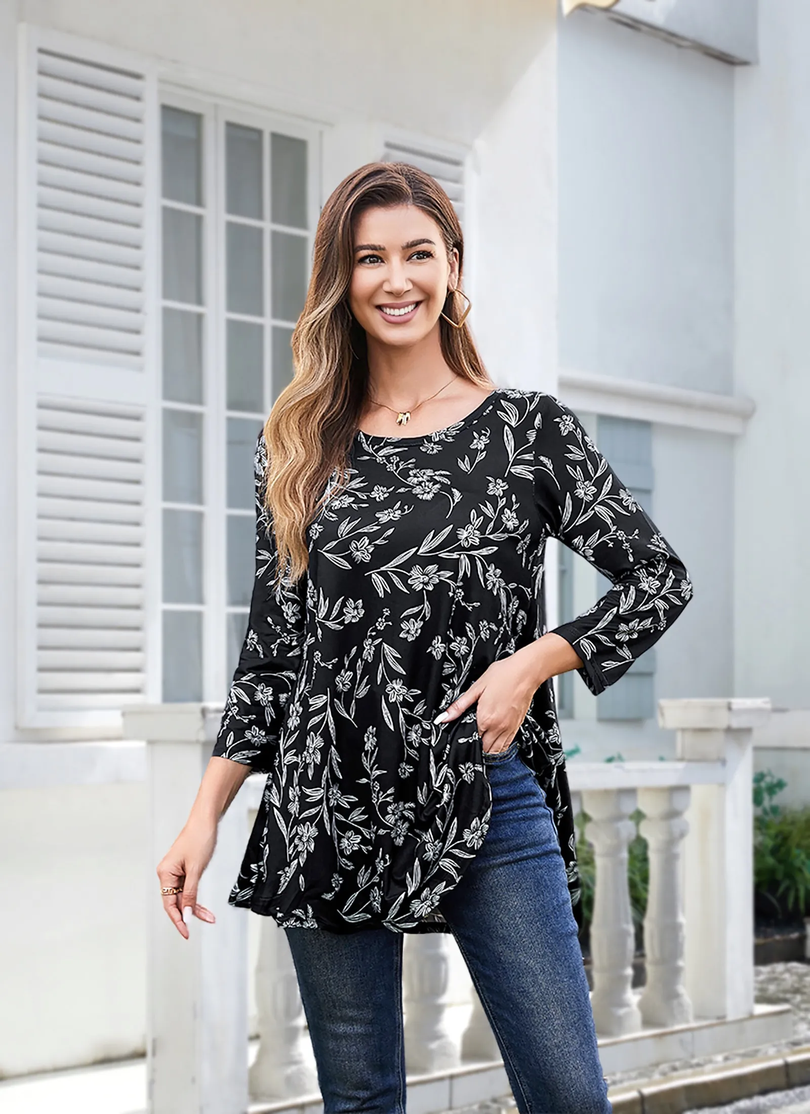 Tunic Tops for Women Plus Size 3/4 Sleeve Crew Neck Swing Flare Loose T-Shirt Blouses to Wear with Leggings