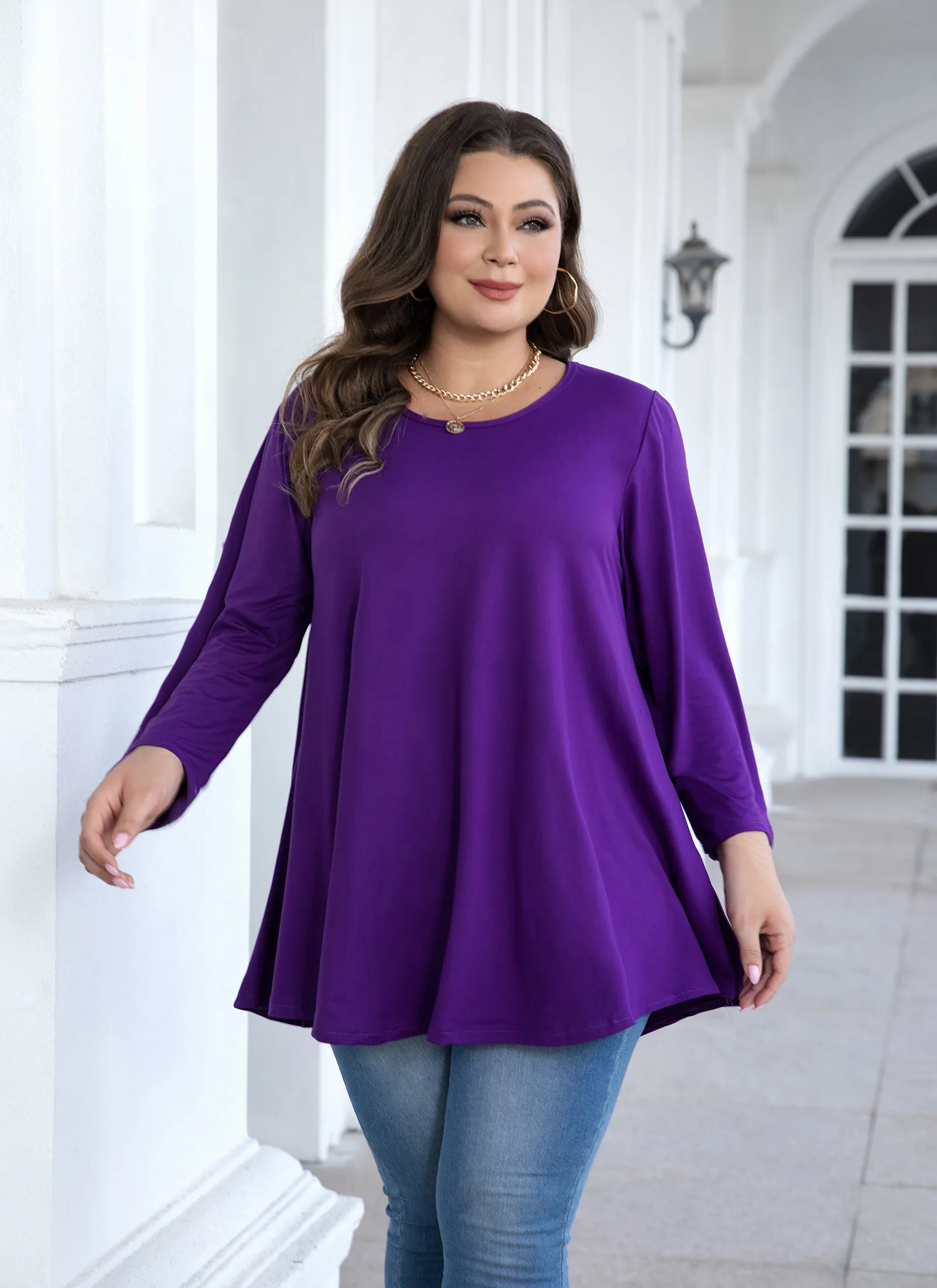 Womens Tunic Tops 3/4 Sleeve Plus Size Crew Neck Swing Flare Loose Fit T-Shirt Blouses to Wear with Leggings