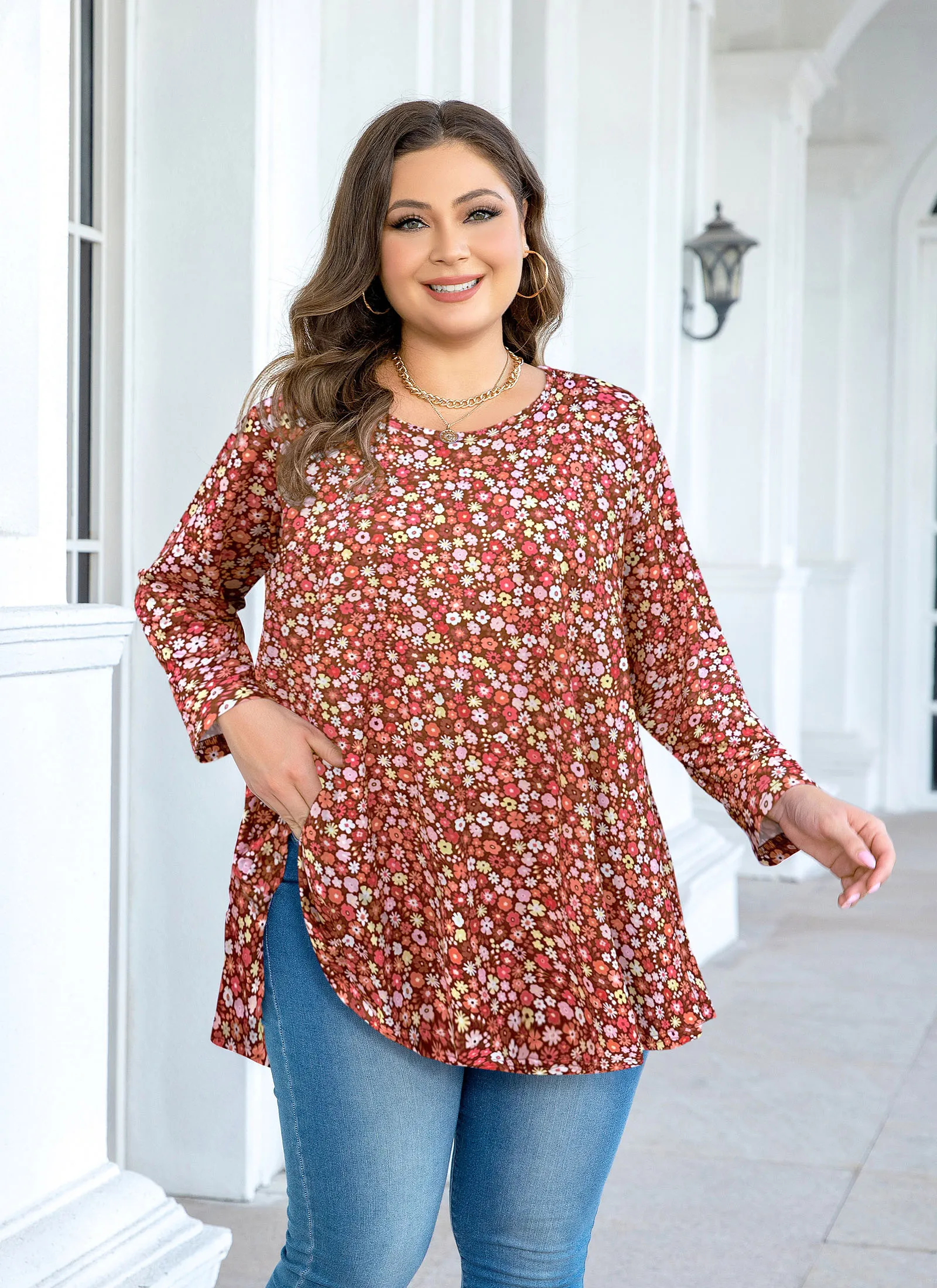 Tunic Tops for Women Plus Size 3/4 Sleeve Crew Neck Swing Flare Loose T-Shirt Blouses to Wear with Leggings