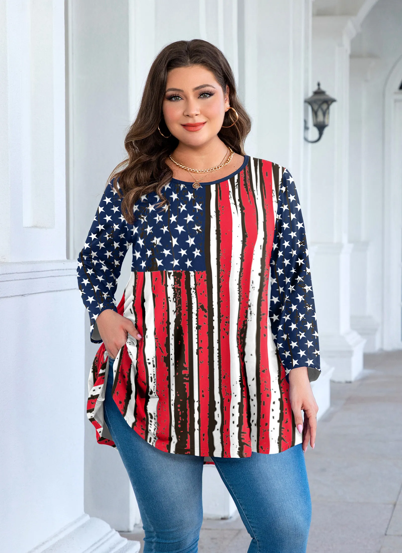 Tunic Tops for Women Plus Size 3/4 Sleeve Crew Neck Swing Flare Loose T-Shirt Blouses to Wear with Leggings