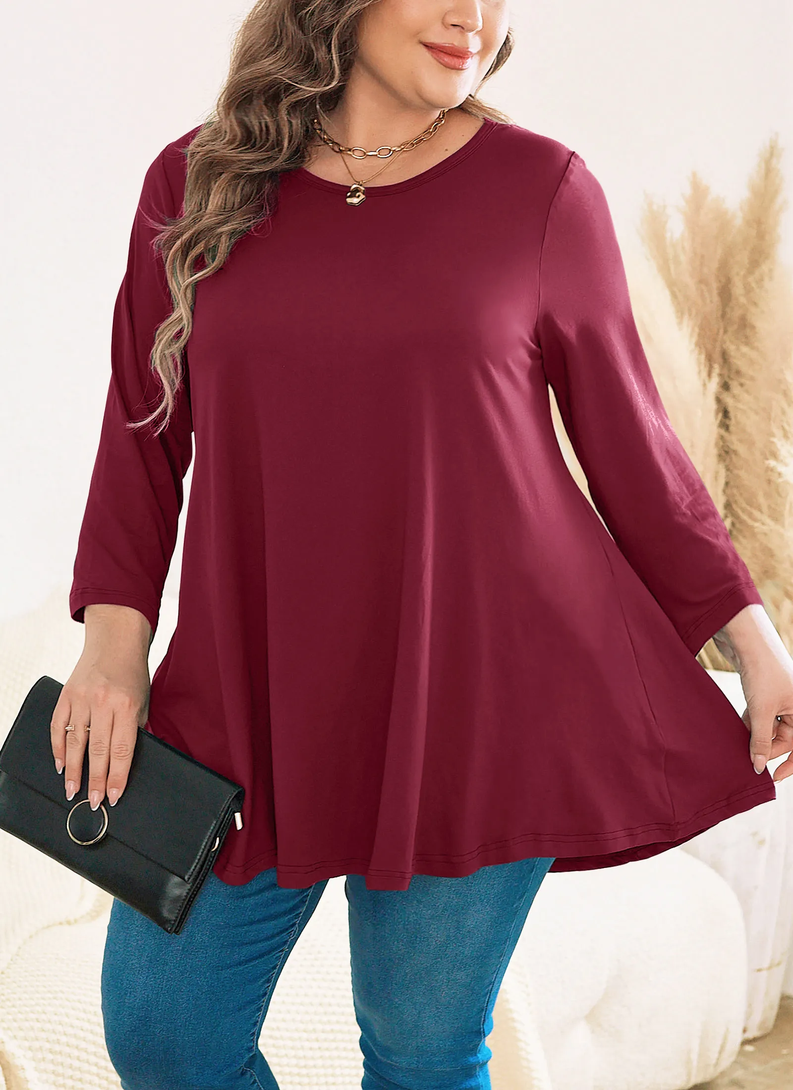 Womens Tunic Tops 3/4 Sleeve Plus Size Crew Neck Swing Flare Loose Fit T-Shirt Blouses to Wear with Leggings