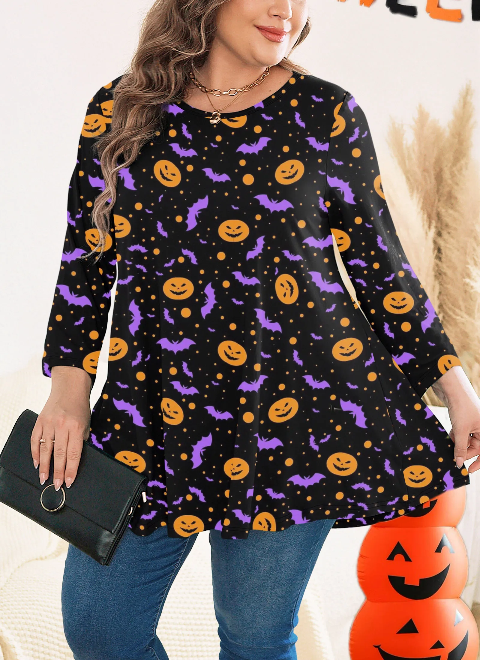 Womens Tunic Tops 3/4 Sleeve Plus Size Crew Neck Swing Flare Loose Fit T-Shirt Blouses to Wear with Leggings