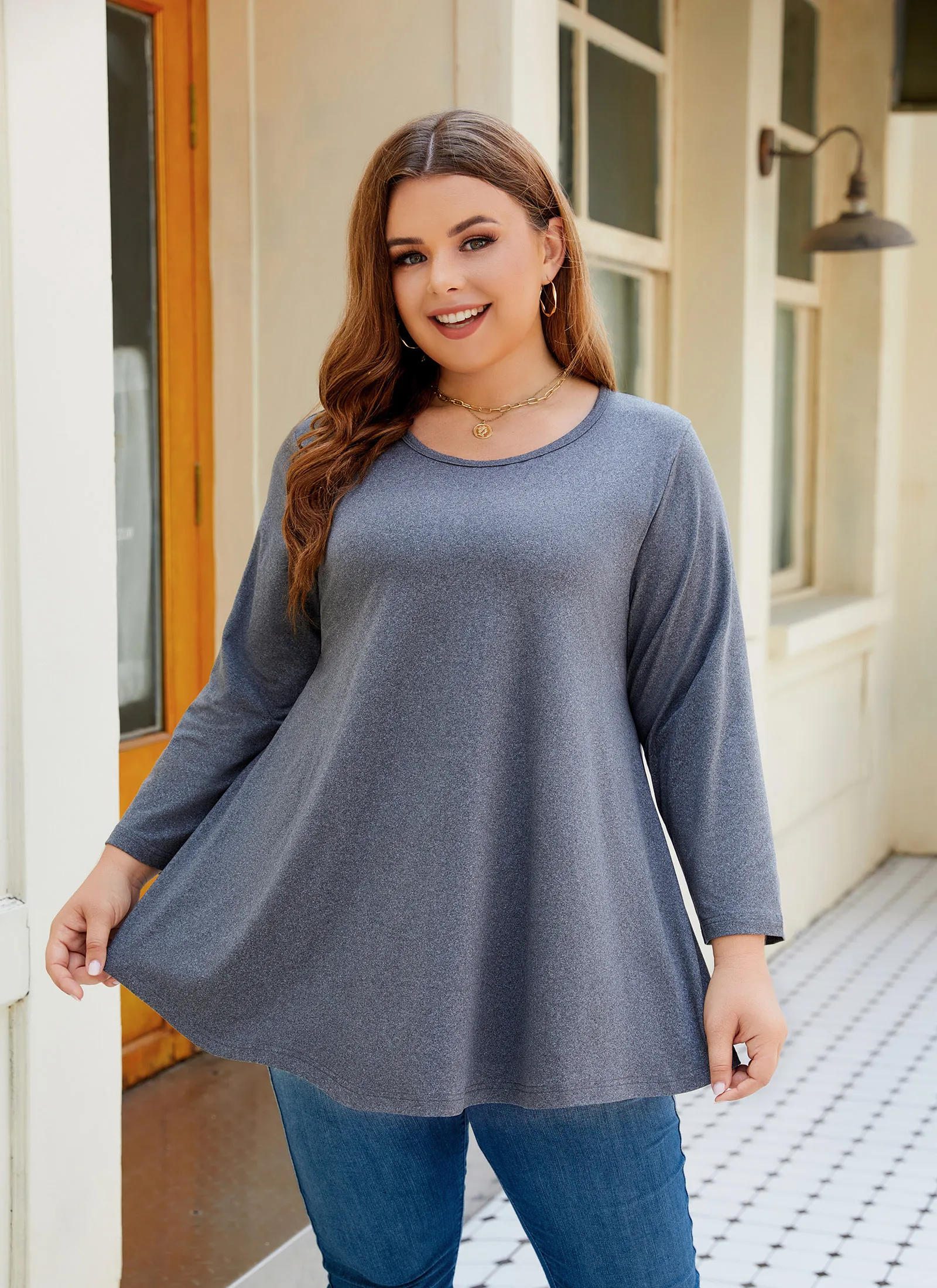 Tunic Tops for Women Plus Size 3/4 Sleeve Crew Neck Swing Flare Loose T-Shirt Blouses to Wear with Leggings