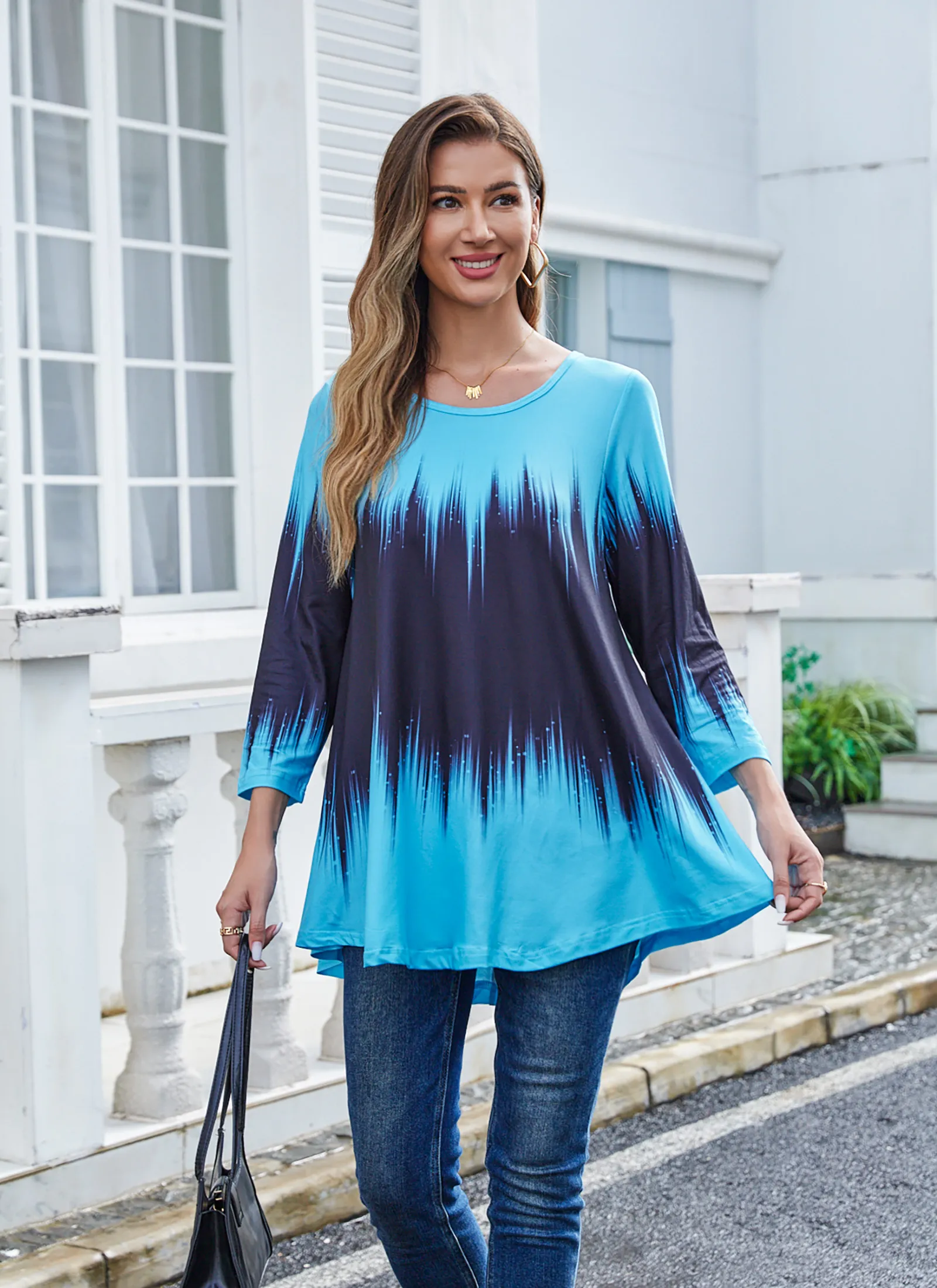 Tunic Tops for Women Plus Size 3/4 Sleeve Crew Neck Swing Flare Loose T-Shirt Blouses to Wear with Leggings
