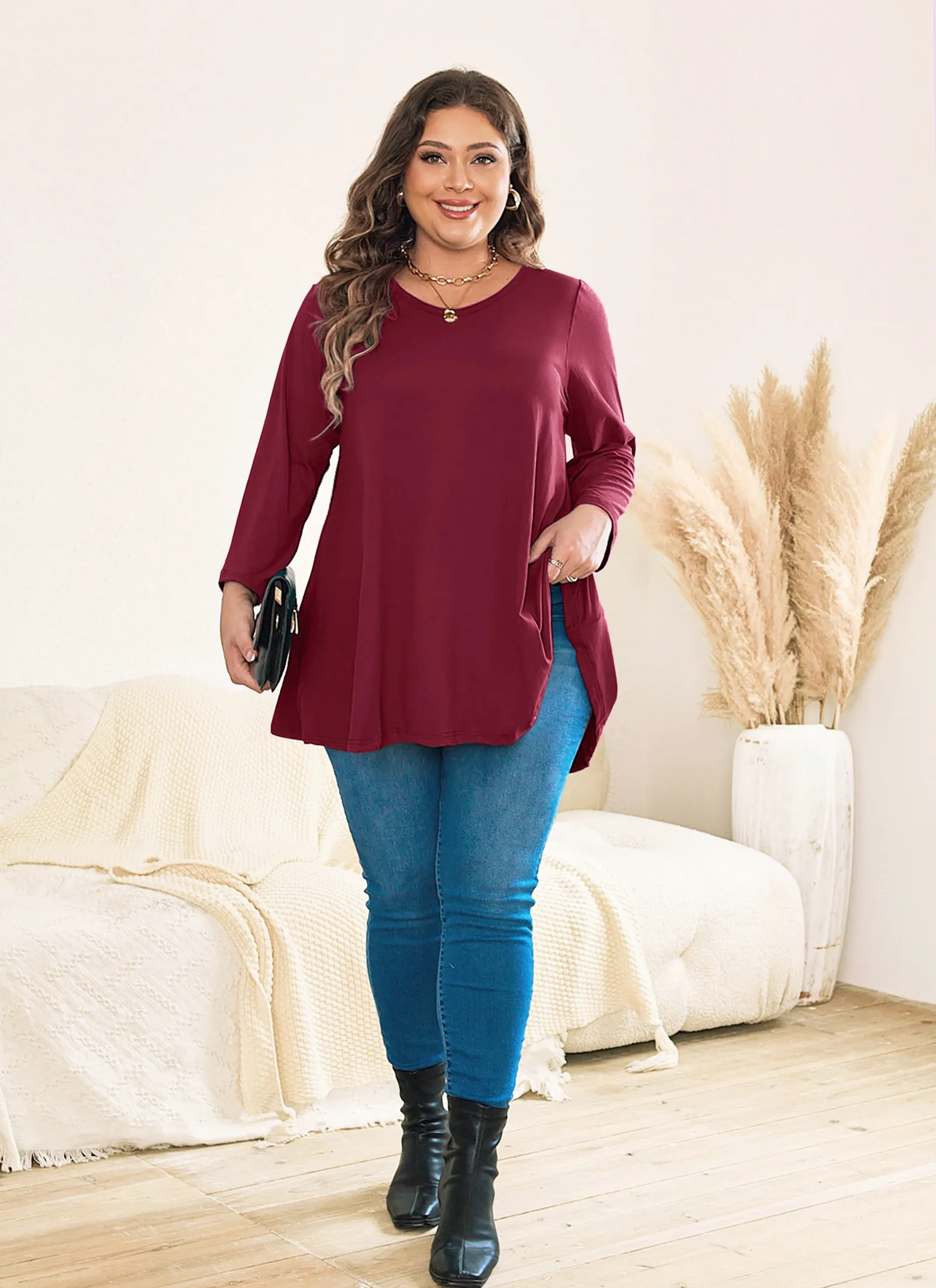 Womens Tunic Tops 3/4 Sleeve Plus Size Crew Neck Swing Flare Loose Fit T-Shirt Blouses to Wear with Leggings