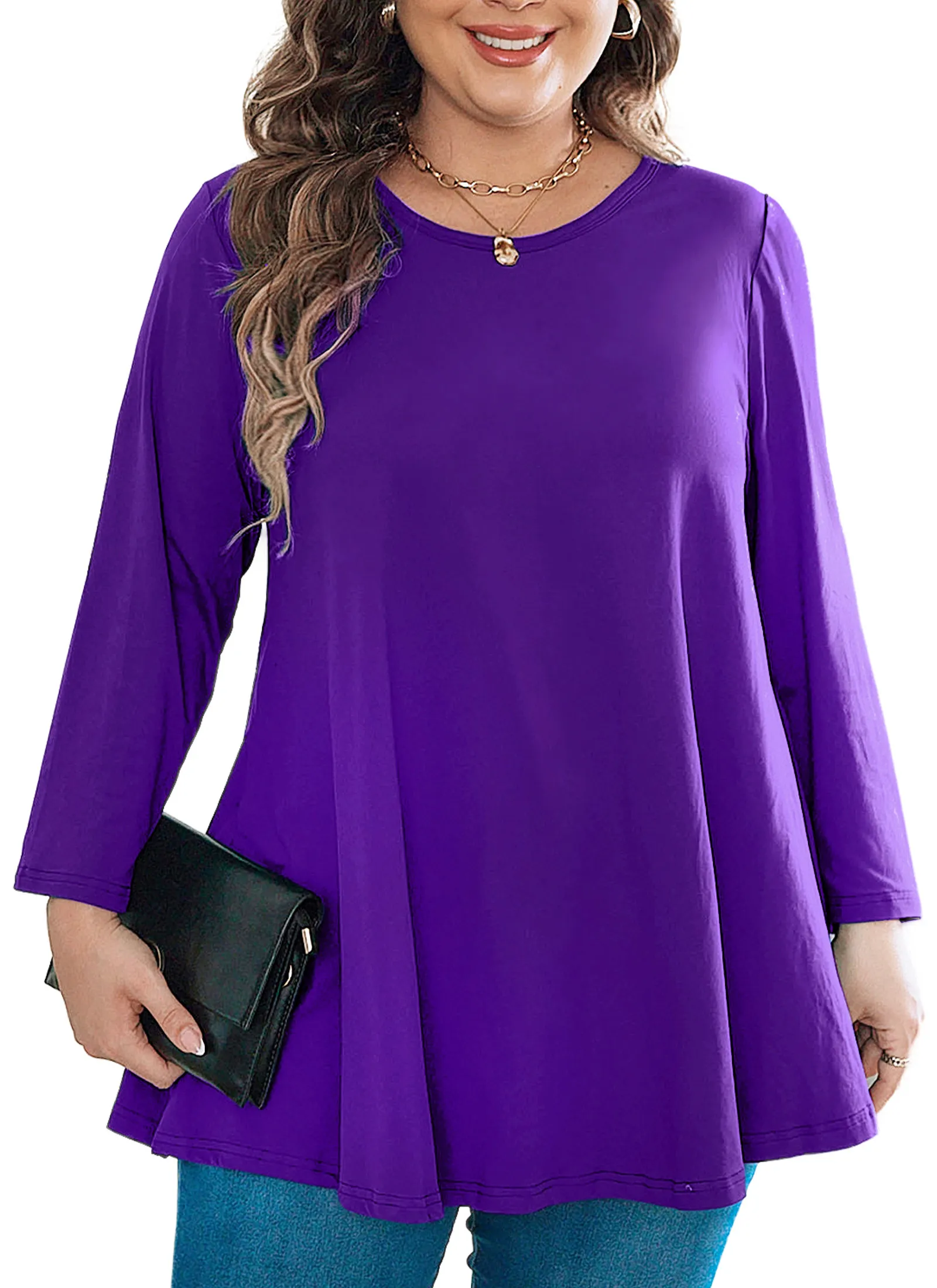 Womens Tunic Tops 3/4 Sleeve Plus Size Crew Neck Swing Flare Loose Fit T-Shirt Blouses to Wear with Leggings