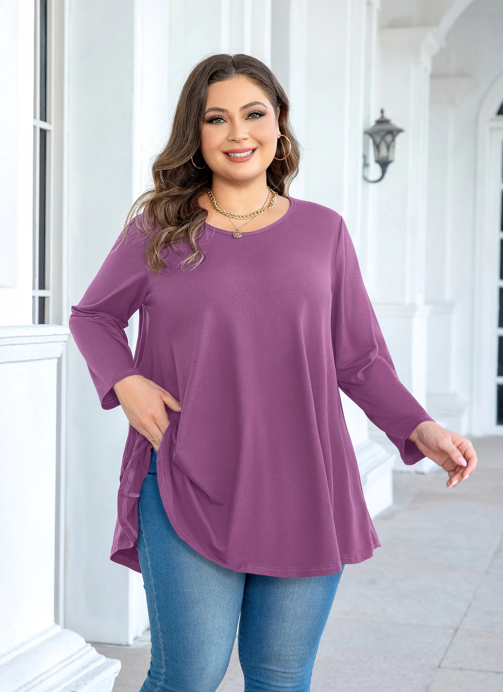Tunic Tops for Women Plus Size 3/4 Sleeve Crew Neck Swing Flare Loose T-Shirt Blouses to Wear with Leggings