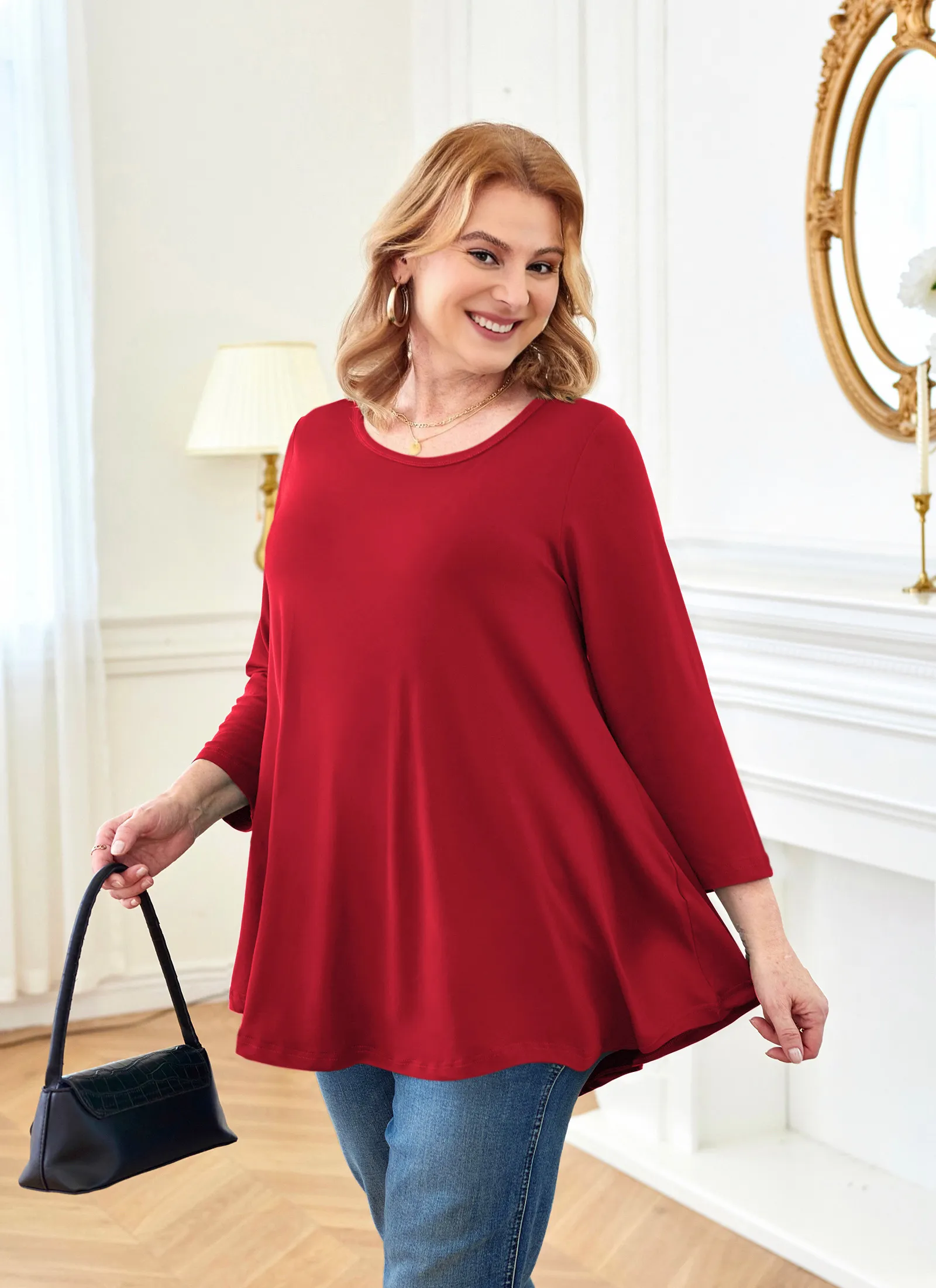 Tunic Tops for Women Plus Size 3/4 Sleeve Crew Neck Swing Flare Loose T-Shirt Blouses to Wear with Leggings
