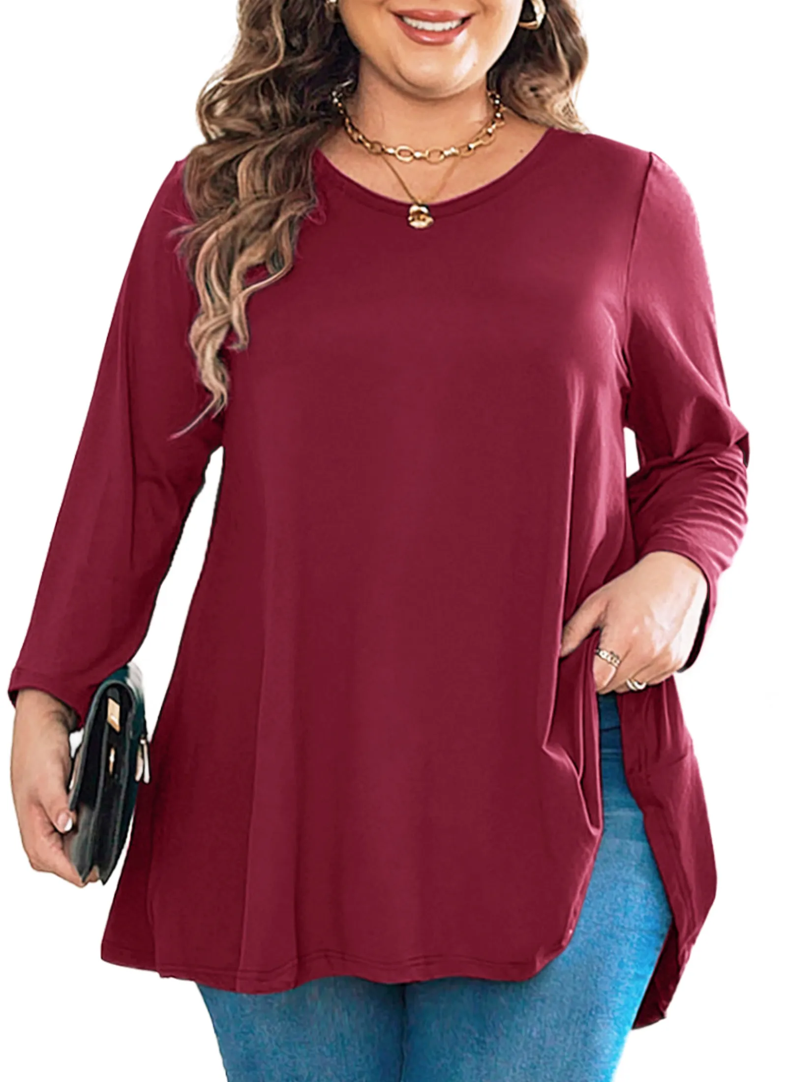 Womens Tunic Tops 3/4 Sleeve Plus Size Crew Neck Swing Flare Loose Fit T-Shirt Blouses to Wear with Leggings