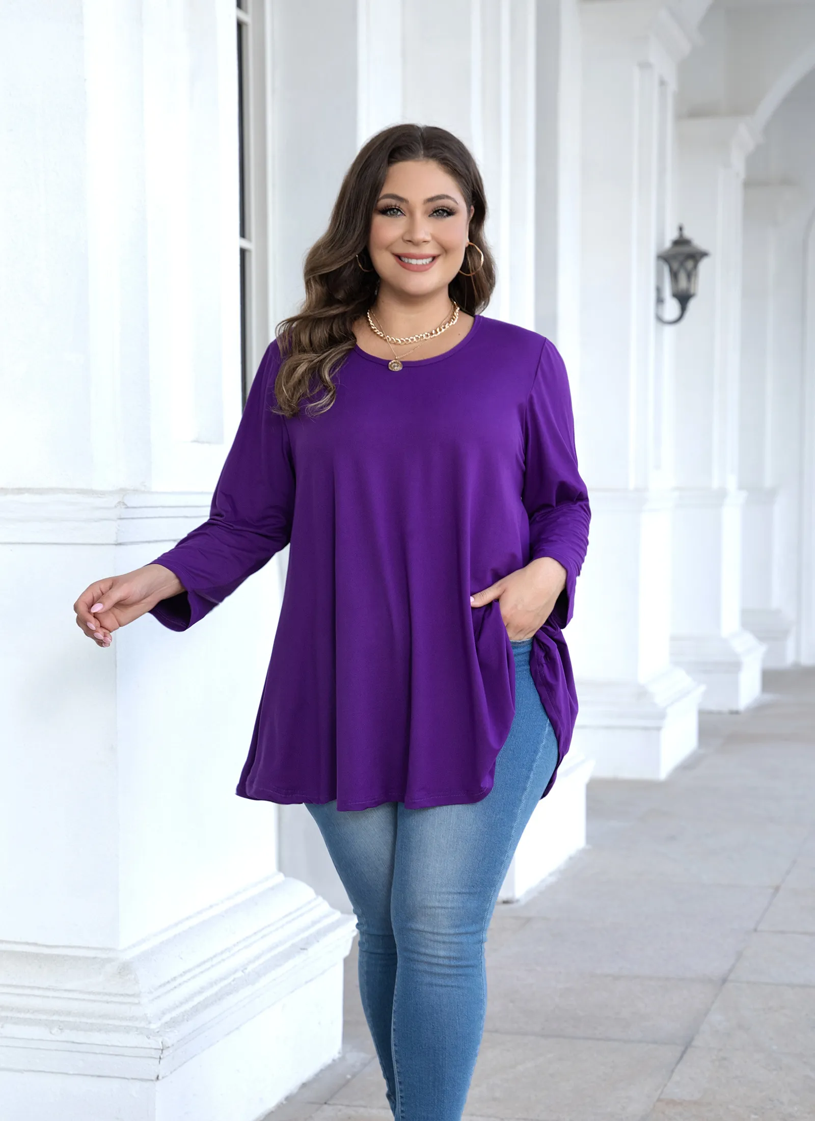 Womens Tunic Tops 3/4 Sleeve Plus Size Crew Neck Swing Flare Loose Fit T-Shirt Blouses to Wear with Leggings