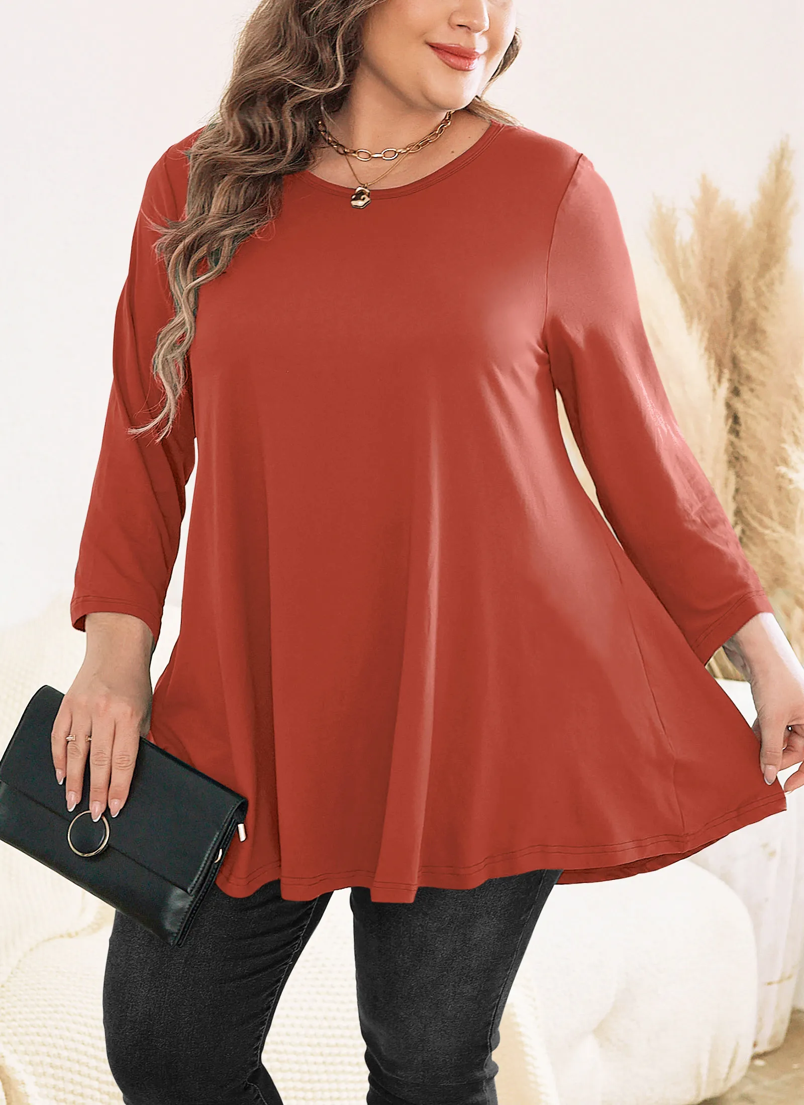 Womens Tunic Tops 3/4 Sleeve Plus Size Crew Neck Swing Flare Loose Fit T-Shirt Blouses to Wear with Leggings