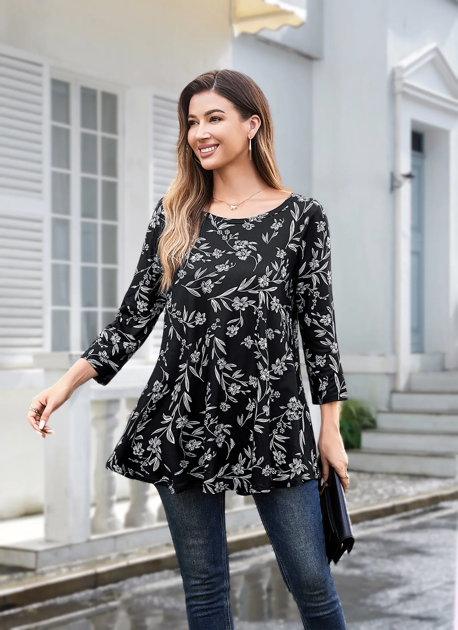 Tunic Tops for Women Plus Size 3/4 Sleeve Crew Neck Swing Flare Loose T-Shirt Blouses to Wear with Leggings