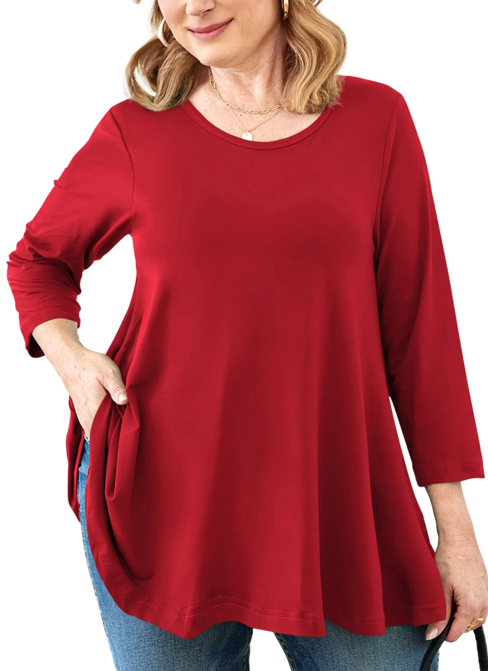 Tunic Tops for Women Plus Size 3/4 Sleeve Crew Neck Swing Flare Loose T-Shirt Blouses to Wear with Leggings