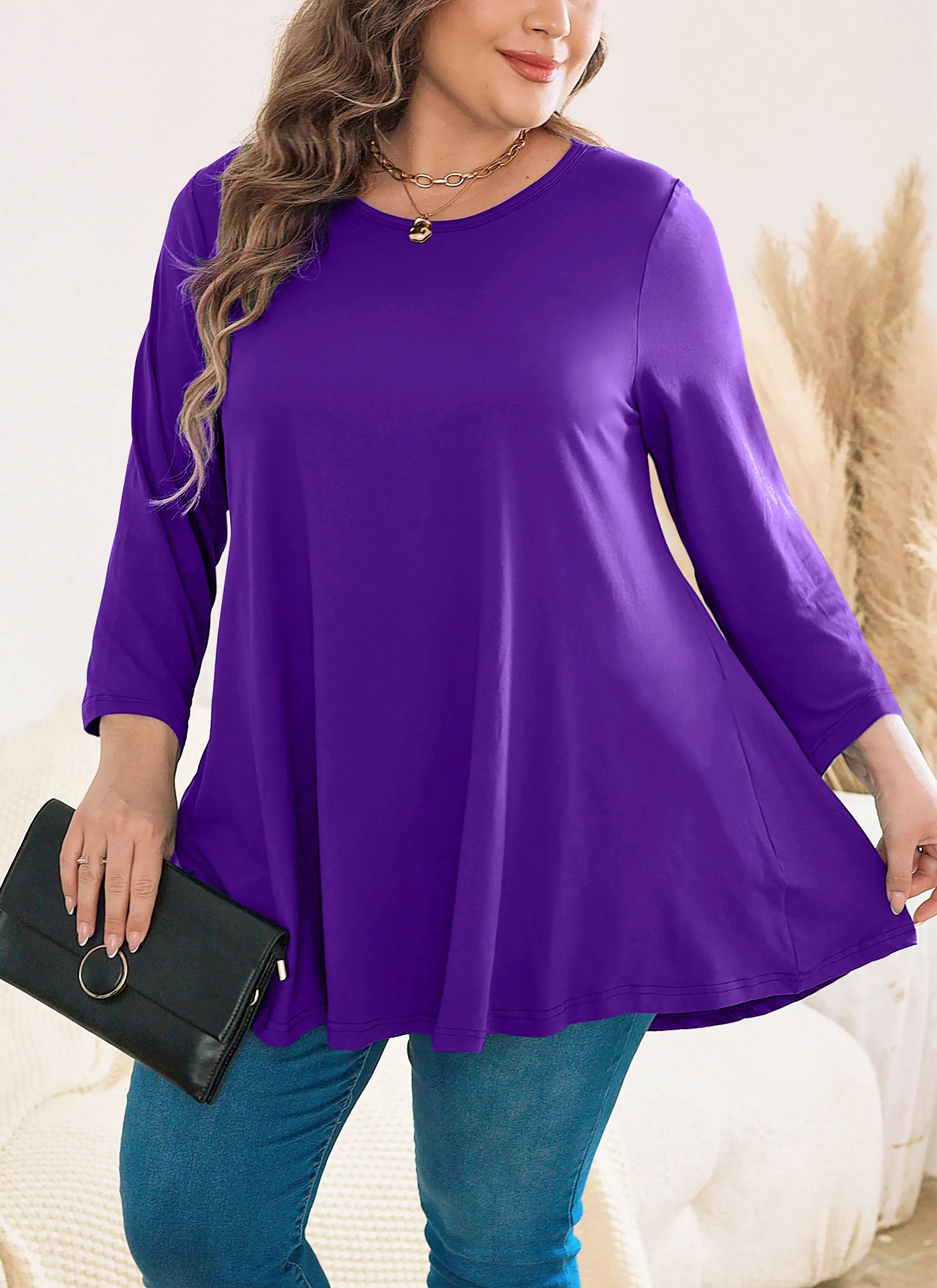 Womens Tunic Tops 3/4 Sleeve Plus Size Crew Neck Swing Flare Loose Fit T-Shirt Blouses to Wear with Leggings