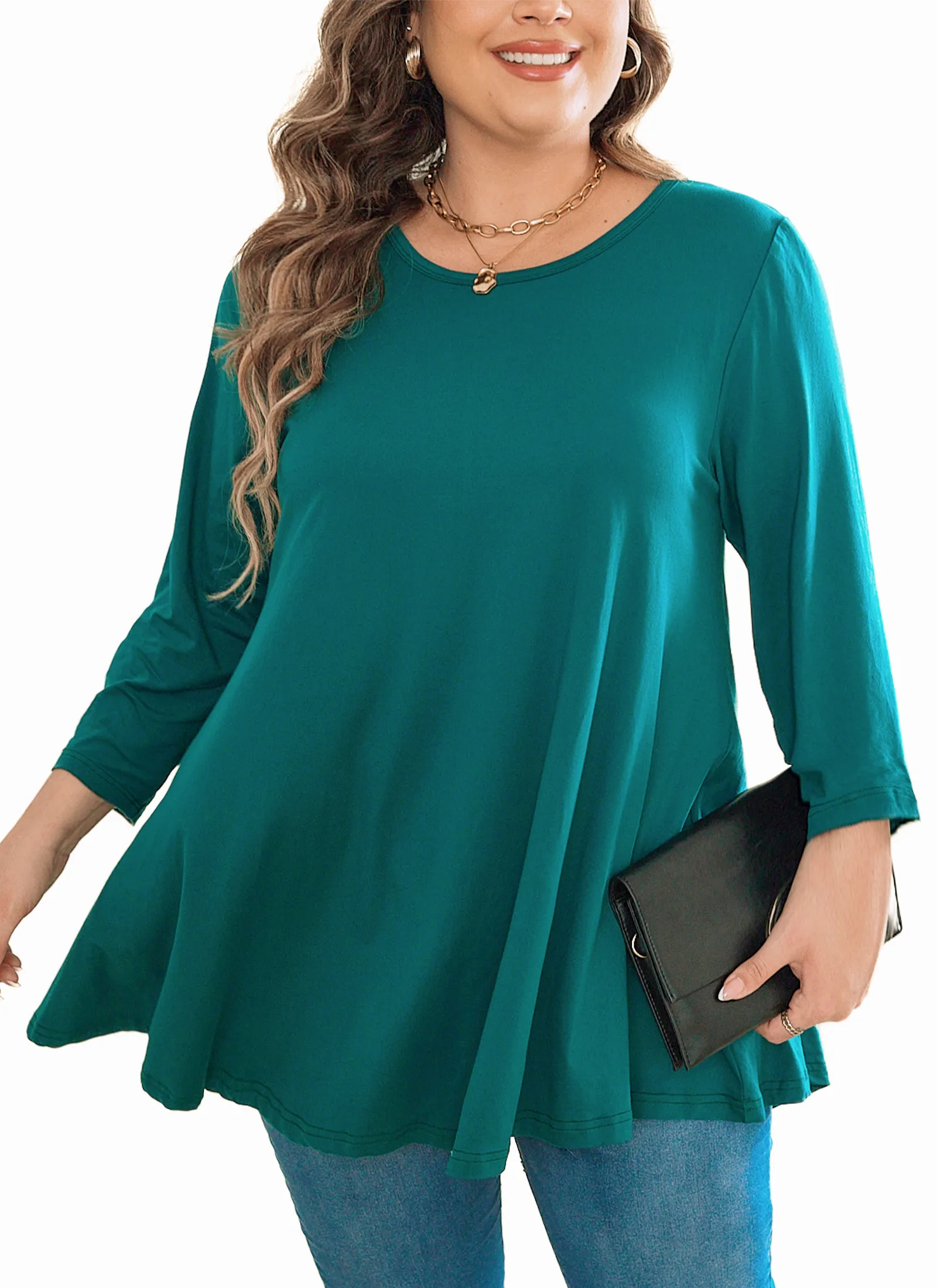 Womens Tunic Tops 3/4 Sleeve Plus Size Crew Neck Swing Flare Loose Fit T-Shirt Blouses to Wear with Leggings