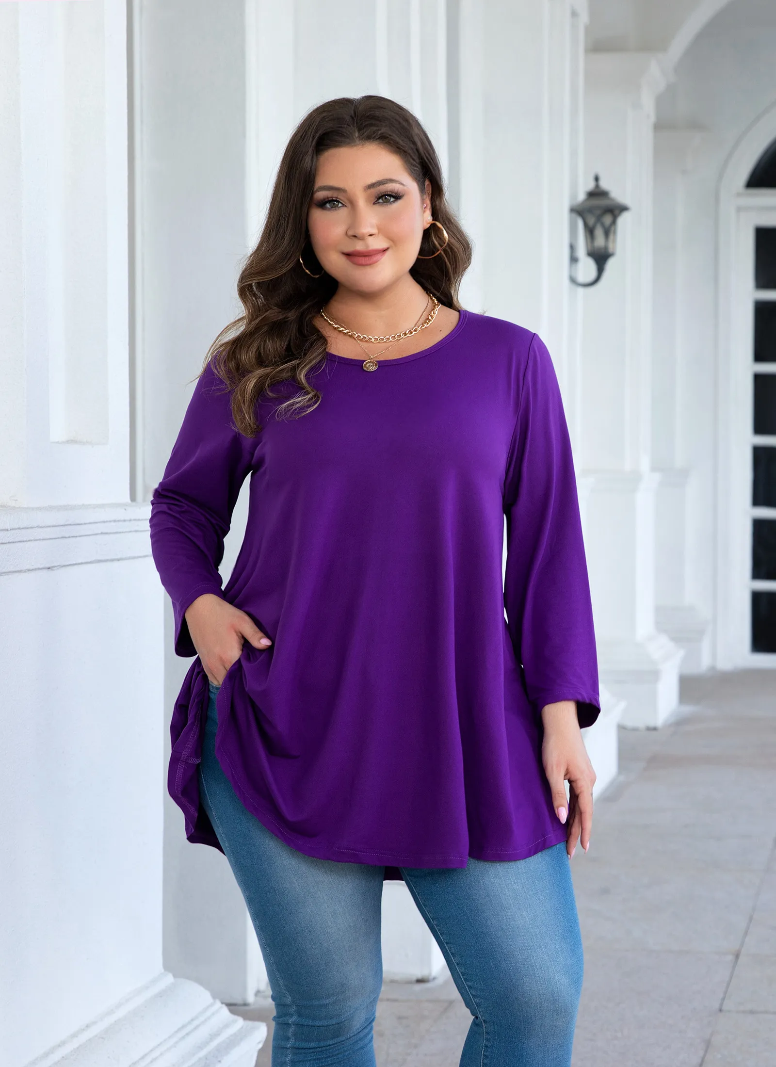Womens Tunic Tops 3/4 Sleeve Plus Size Crew Neck Swing Flare Loose Fit T-Shirt Blouses to Wear with Leggings