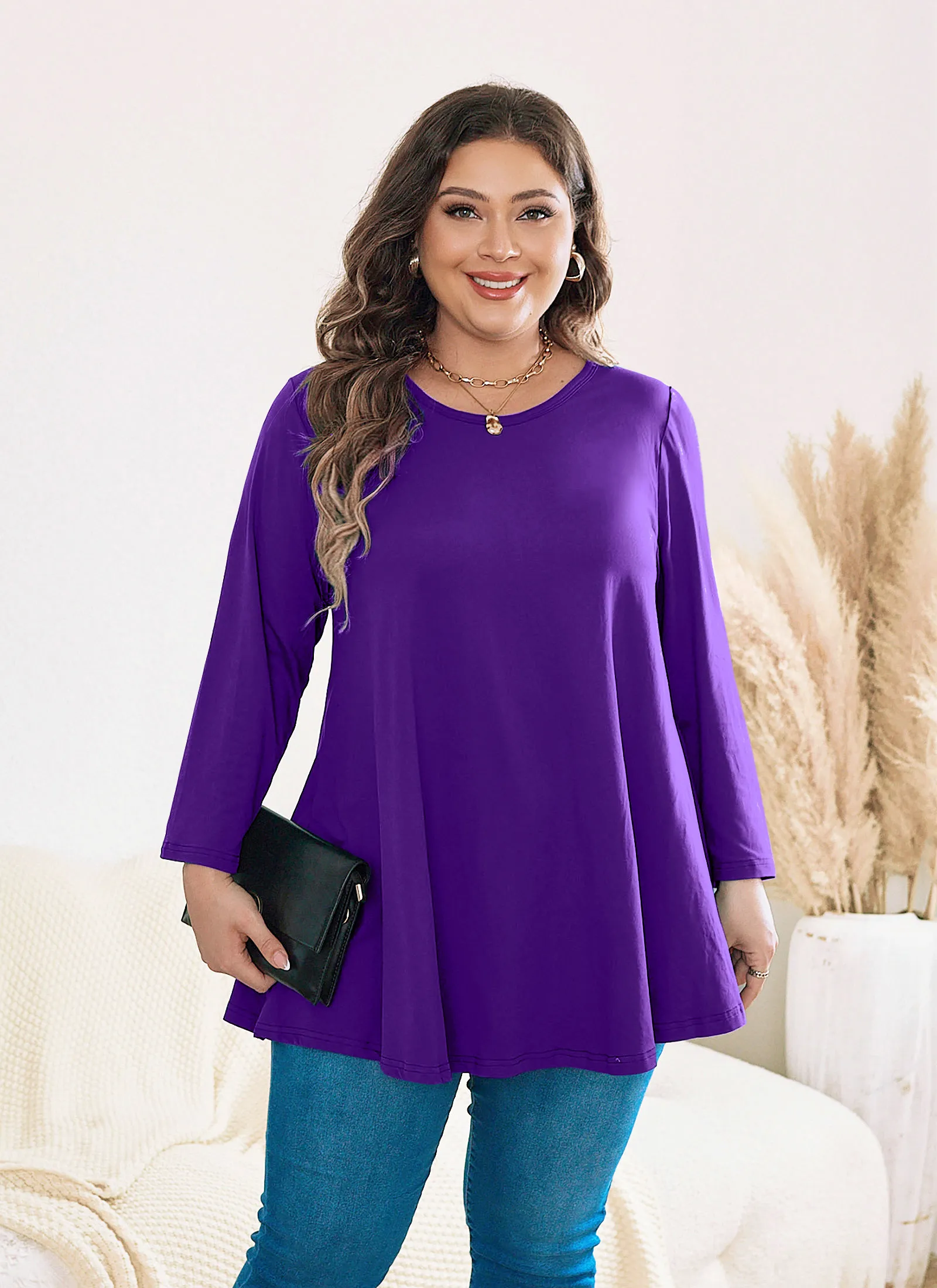 Womens Tunic Tops 3/4 Sleeve Plus Size Crew Neck Swing Flare Loose Fit T-Shirt Blouses to Wear with Leggings