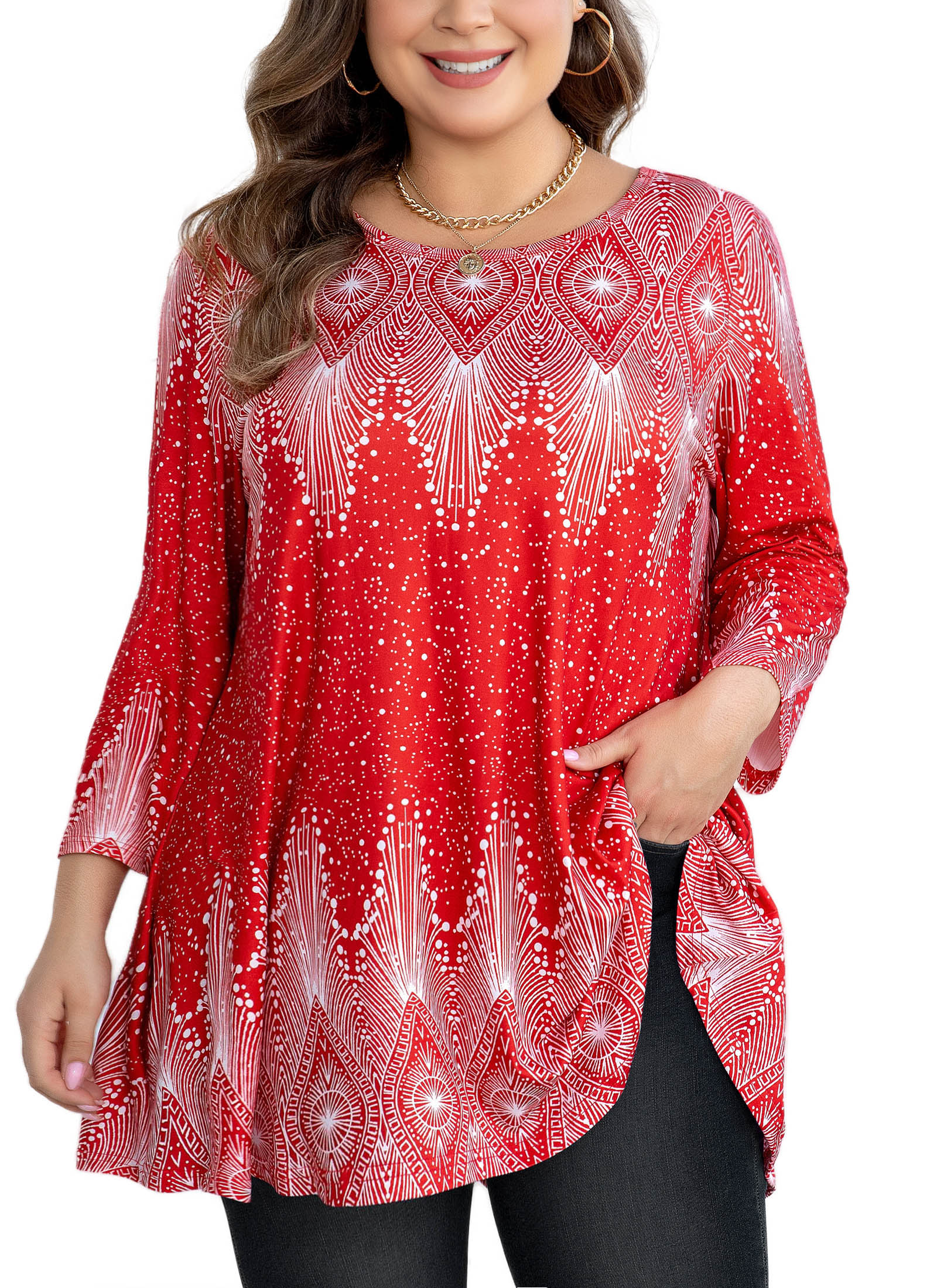 Tunic Tops for Women Plus Size 3/4 Sleeve Crew Neck Swing Flare Loose T-Shirt Blouses to Wear with Leggings