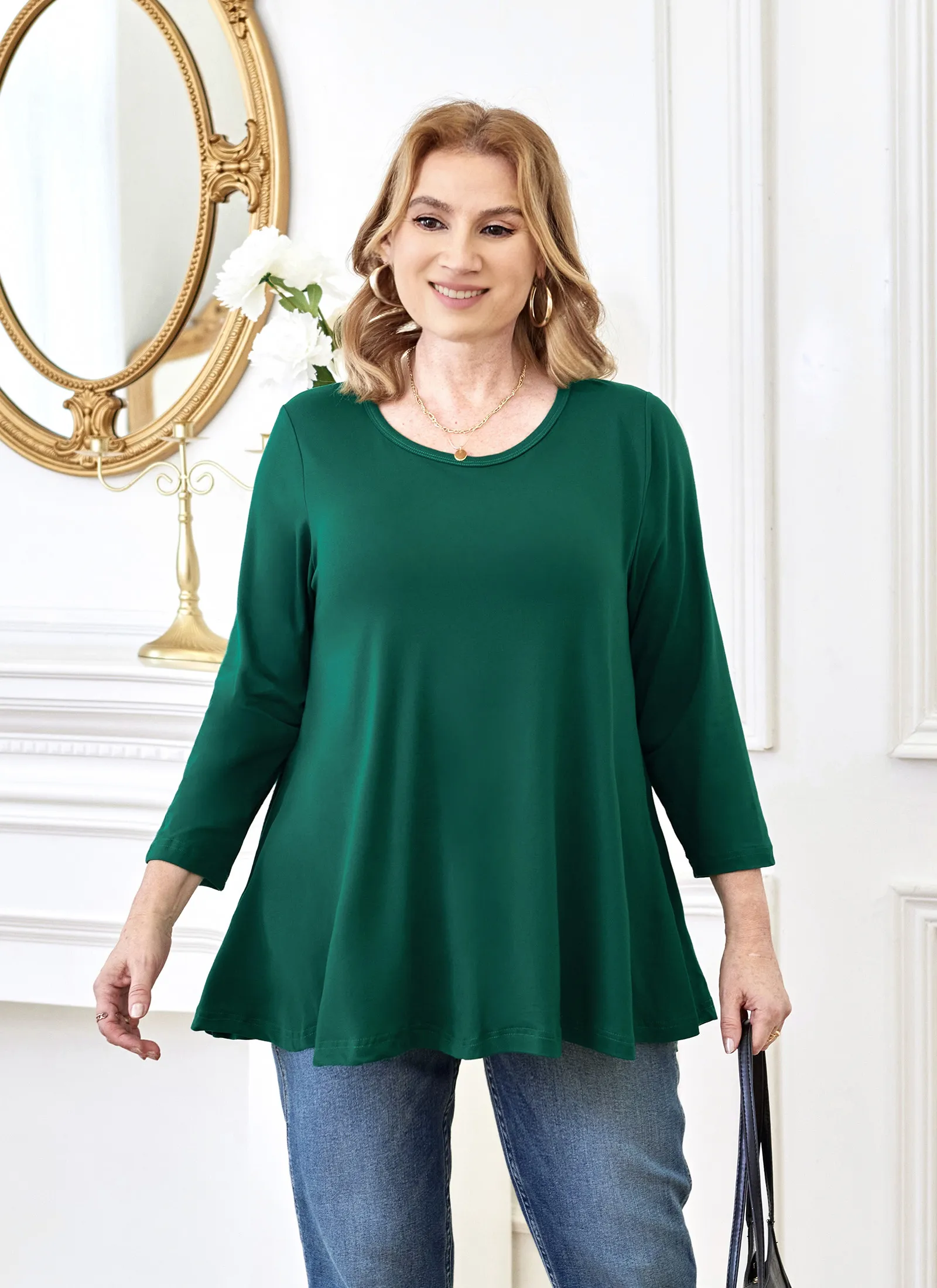 Tunic Tops for Women Plus Size 3/4 Sleeve Crew Neck Swing Flare Loose T-Shirt Blouses to Wear with Leggings