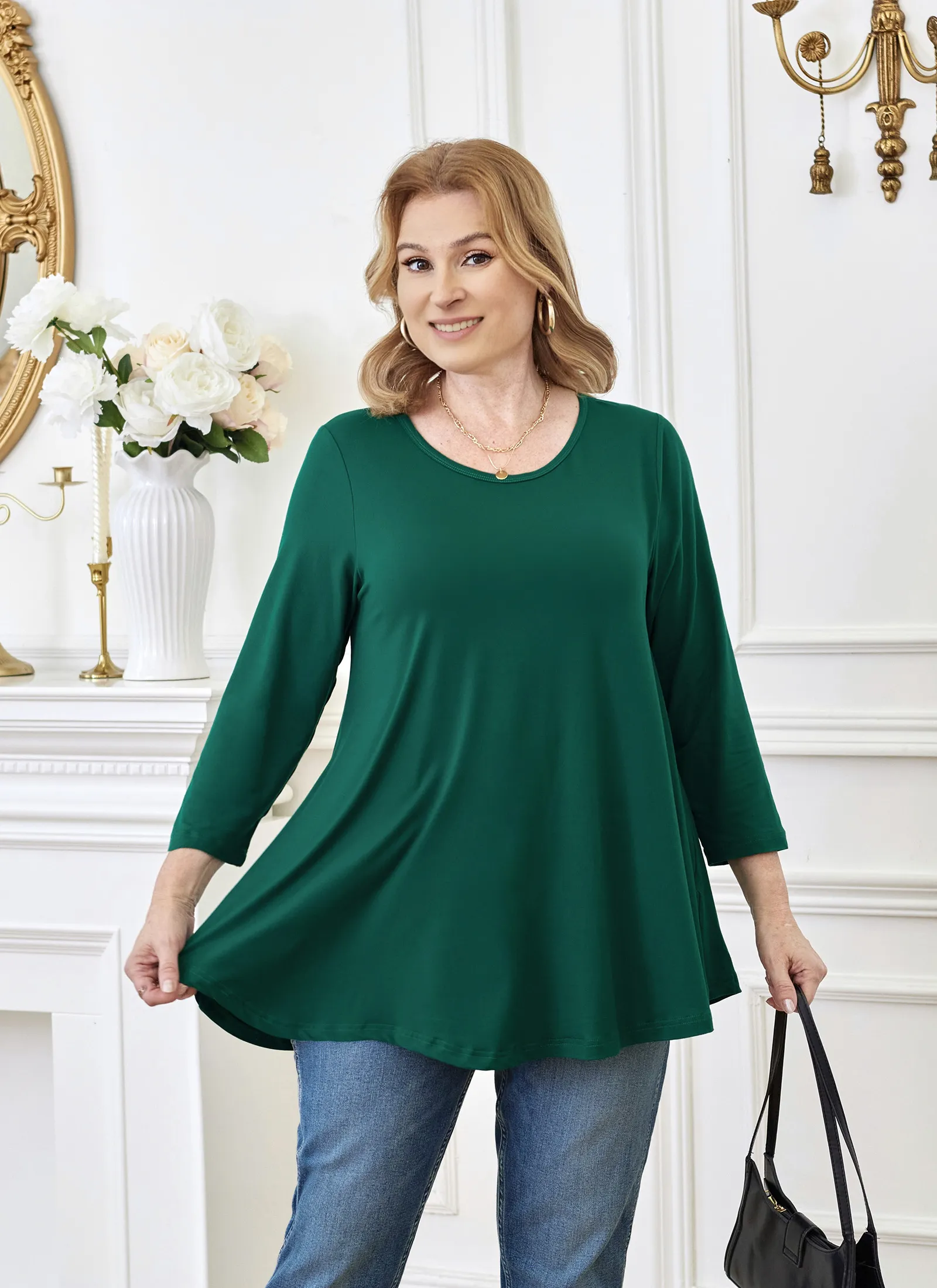 Tunic Tops for Women Plus Size 3/4 Sleeve Crew Neck Swing Flare Loose T-Shirt Blouses to Wear with Leggings