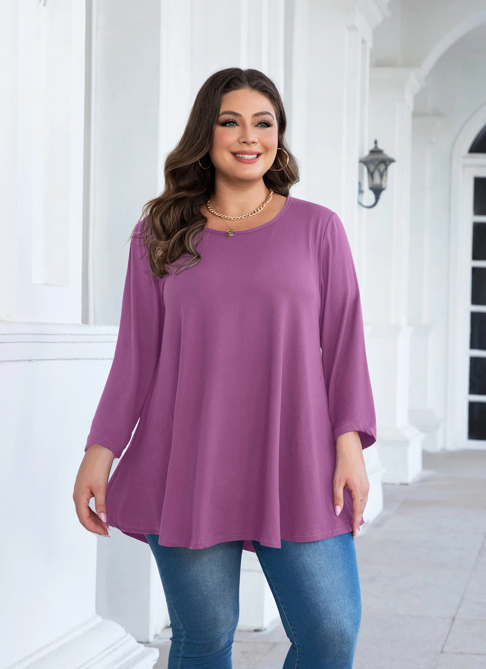 Tunic Tops for Women Plus Size 3/4 Sleeve Crew Neck Swing Flare Loose T-Shirt Blouses to Wear with Leggings
