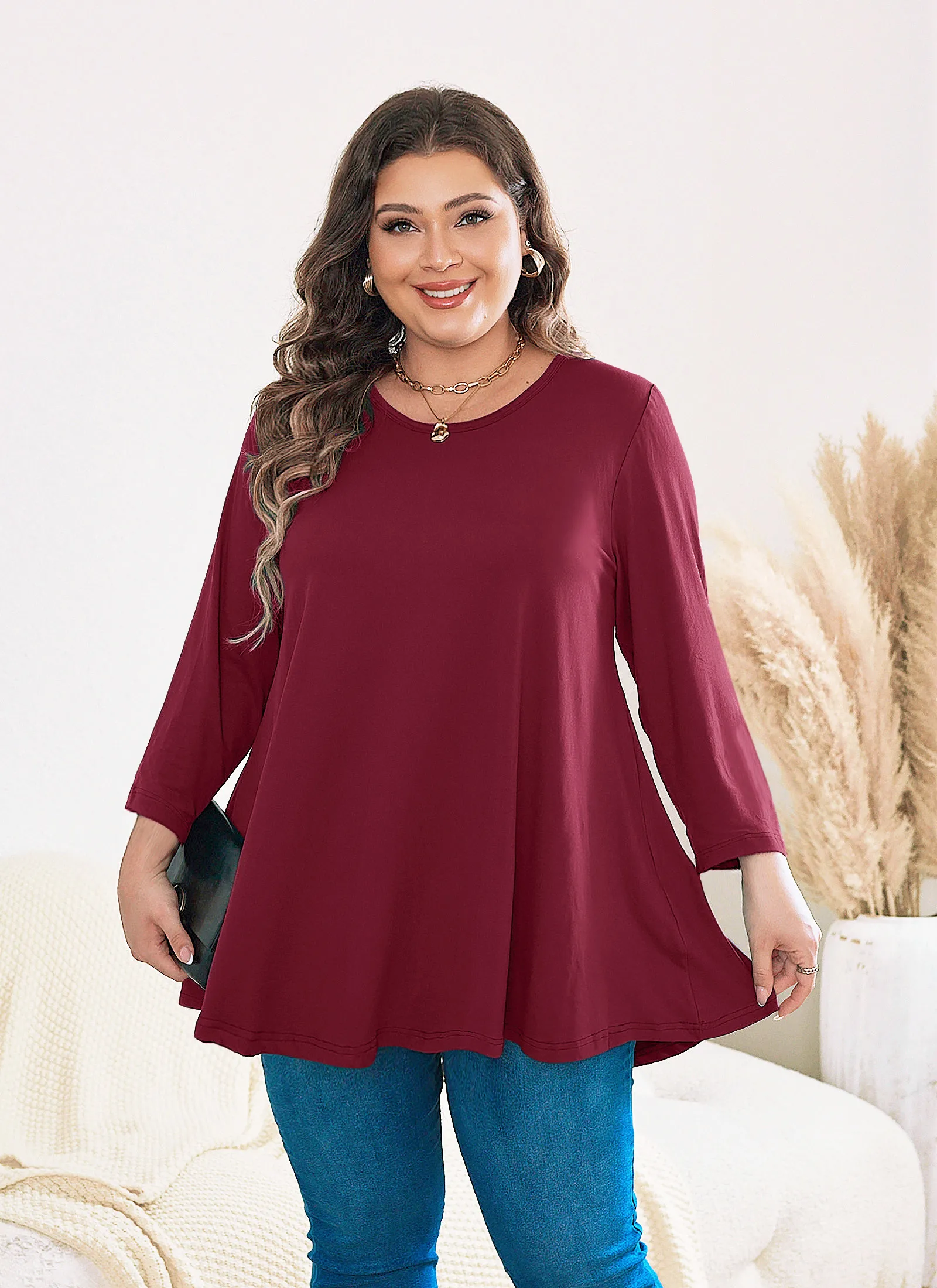 Womens Tunic Tops 3/4 Sleeve Plus Size Crew Neck Swing Flare Loose Fit T-Shirt Blouses to Wear with Leggings