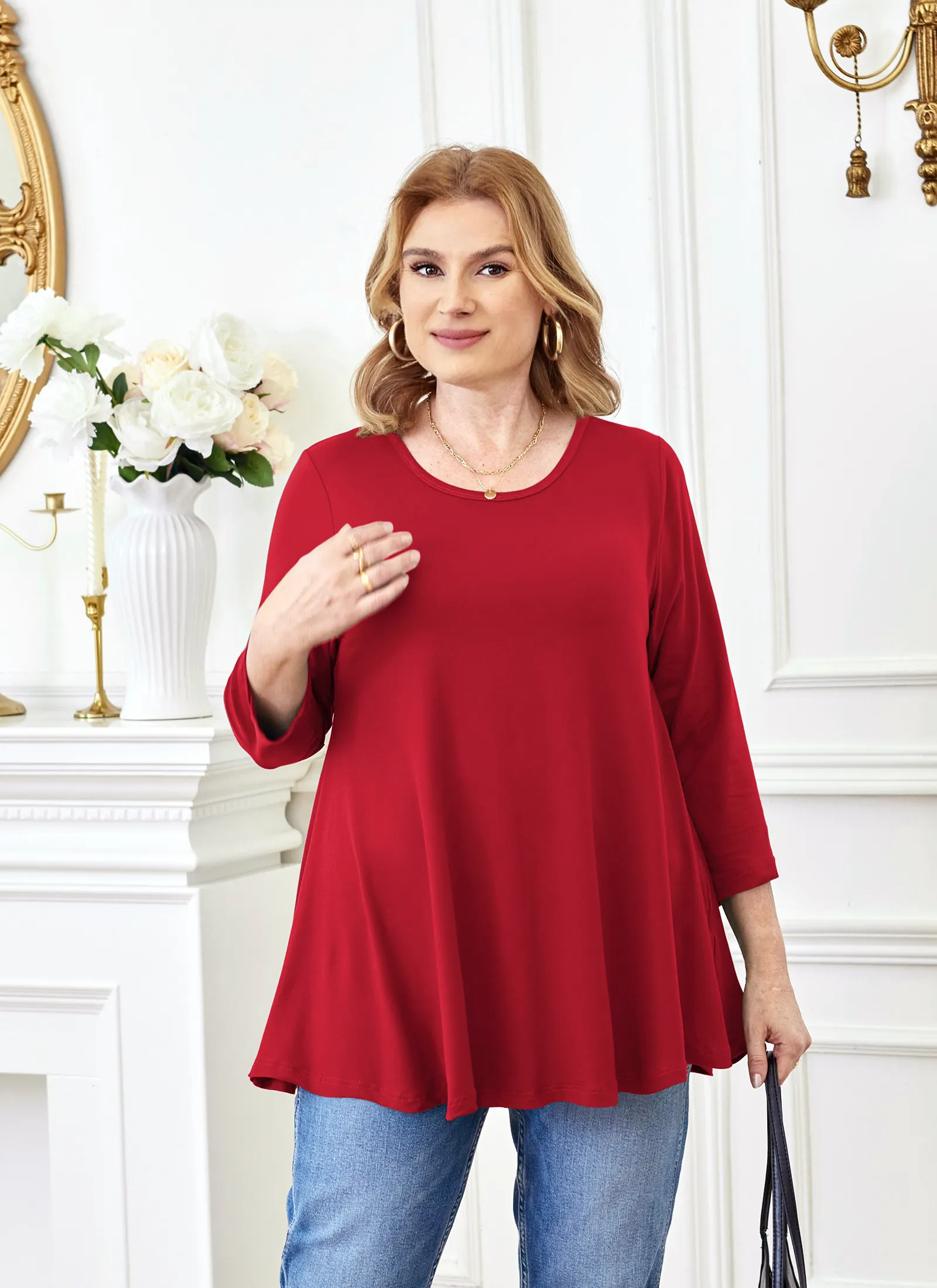 Tunic Tops for Women Plus Size 3/4 Sleeve Crew Neck Swing Flare Loose T-Shirt Blouses to Wear with Leggings