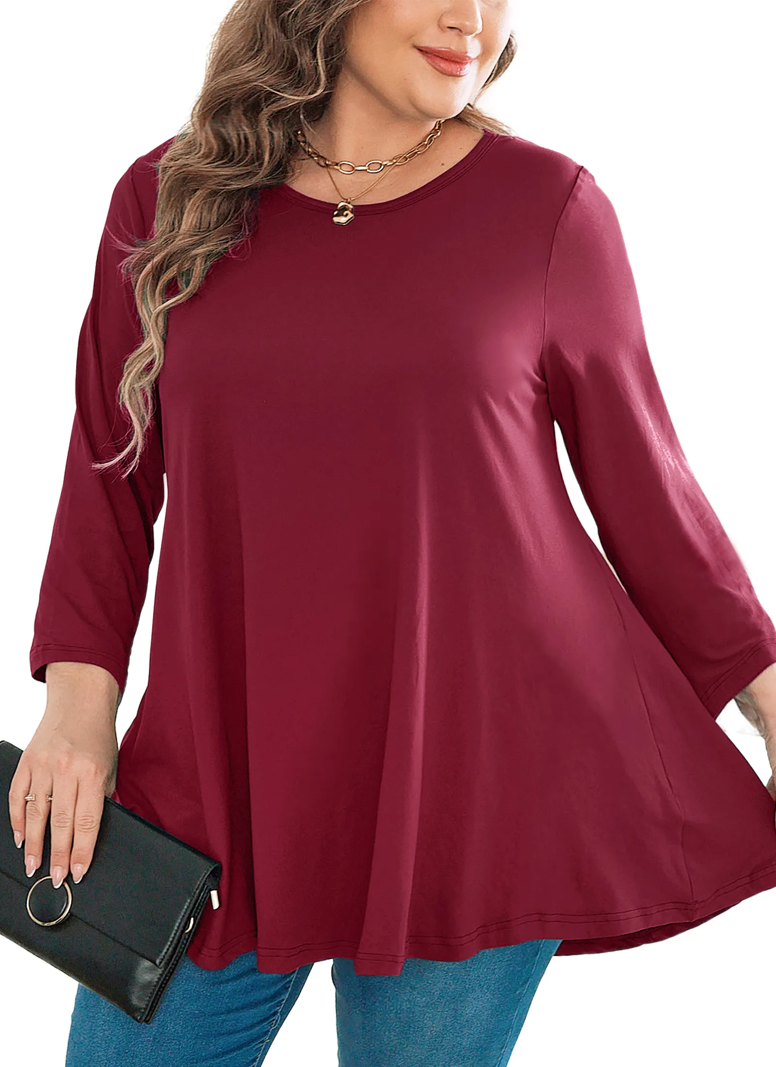Womens Tunic Tops 3/4 Sleeve Plus Size Crew Neck Swing Flare Loose Fit T-Shirt Blouses to Wear with Leggings