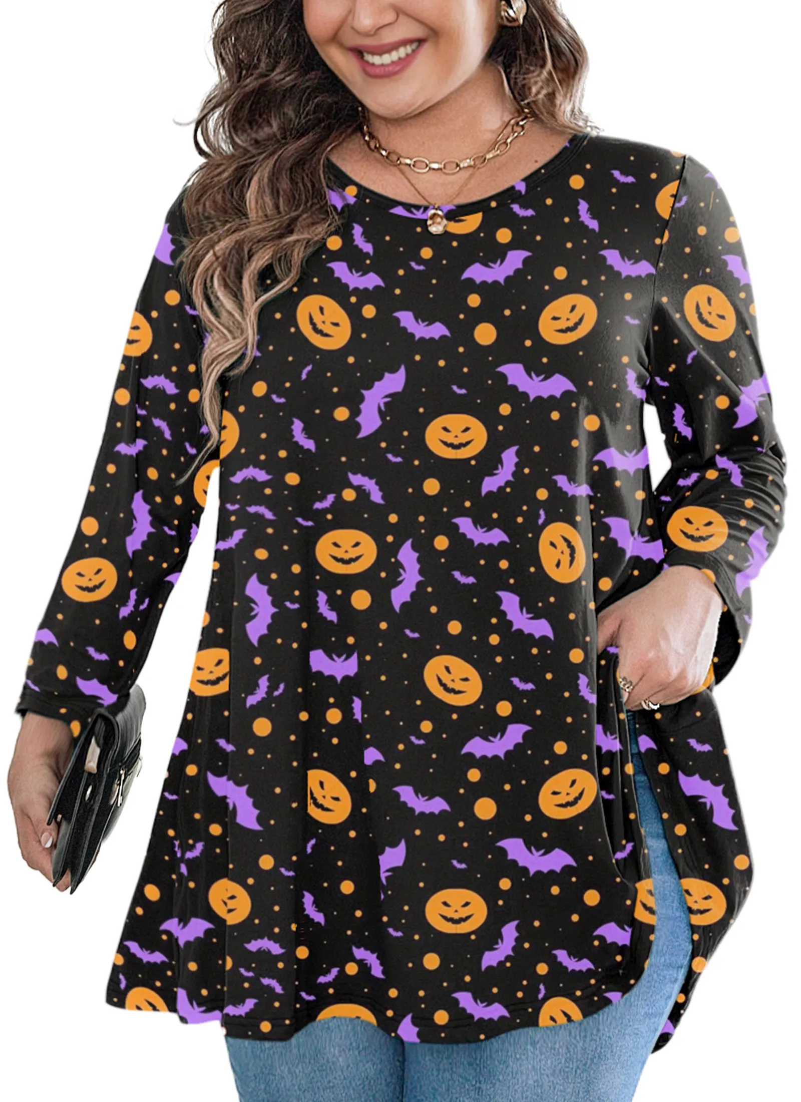 Womens Tunic Tops 3/4 Sleeve Plus Size Crew Neck Swing Flare Loose Fit T-Shirt Blouses to Wear with Leggings