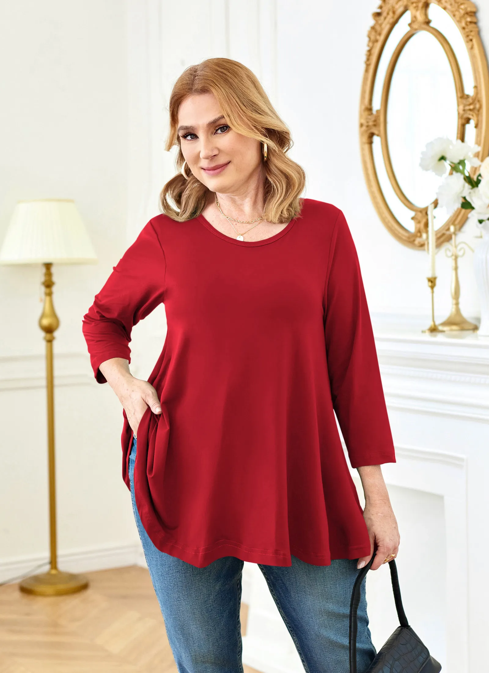 Tunic Tops for Women Plus Size 3/4 Sleeve Crew Neck Swing Flare Loose T-Shirt Blouses to Wear with Leggings