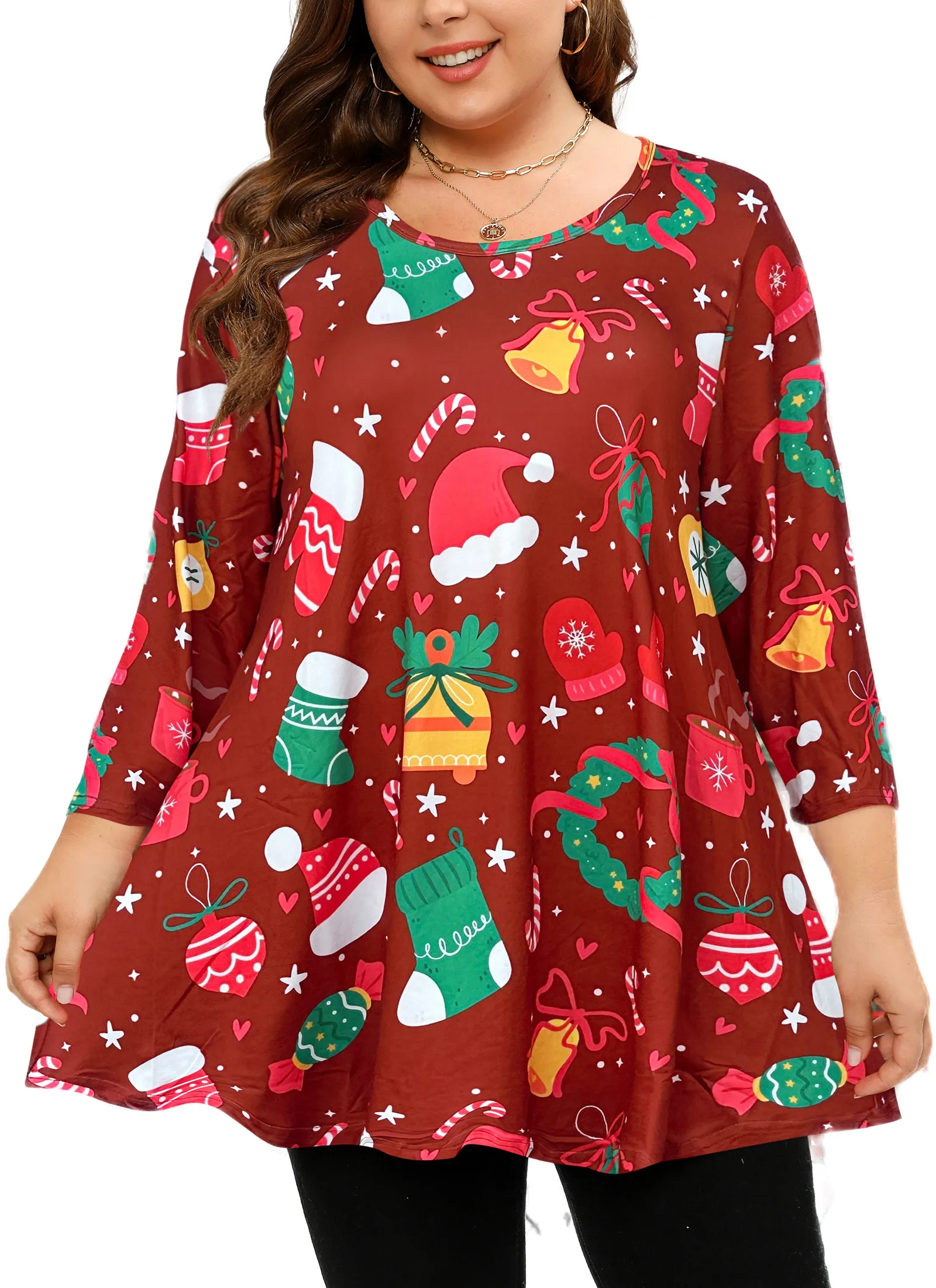 Tunic Tops for Women Plus Size 3/4 Sleeve Crew Neck Swing Flare Loose T-Shirt Blouses to Wear with Leggings