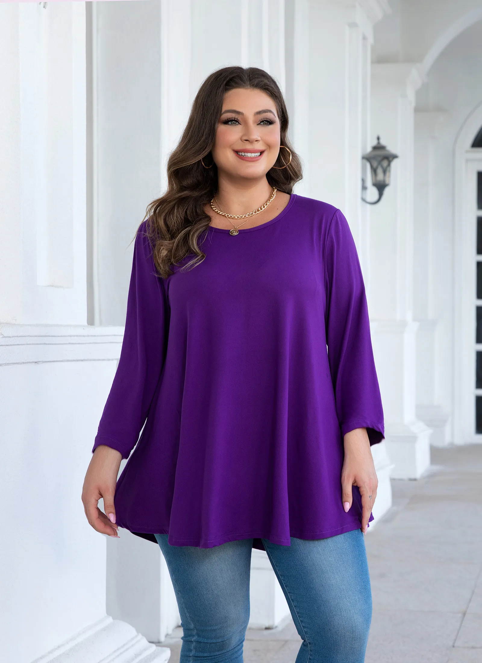 Womens Tunic Tops 3/4 Sleeve Plus Size Crew Neck Swing Flare Loose Fit T-Shirt Blouses to Wear with Leggings