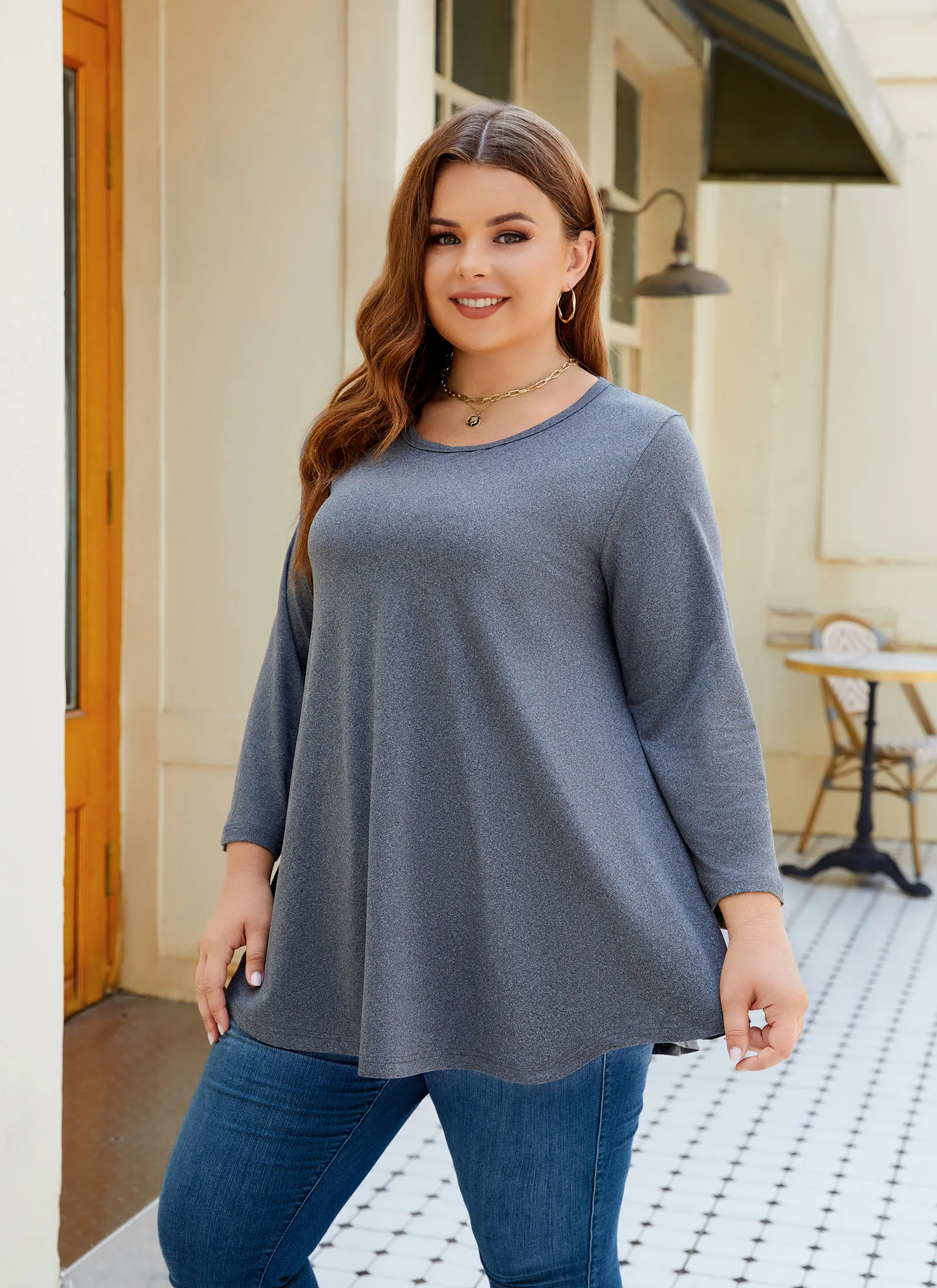 Tunic Tops for Women Plus Size 3/4 Sleeve Crew Neck Swing Flare Loose T-Shirt Blouses to Wear with Leggings