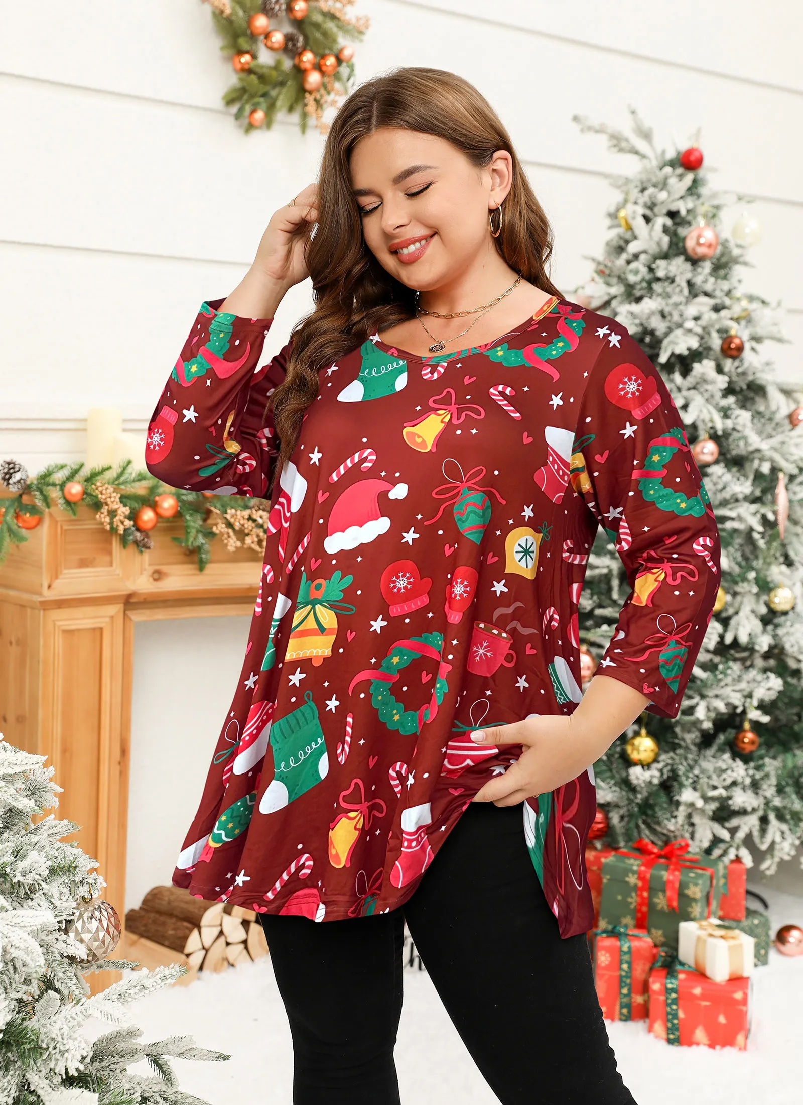 Tunic Tops for Women Plus Size 3/4 Sleeve Crew Neck Swing Flare Loose T-Shirt Blouses to Wear with Leggings