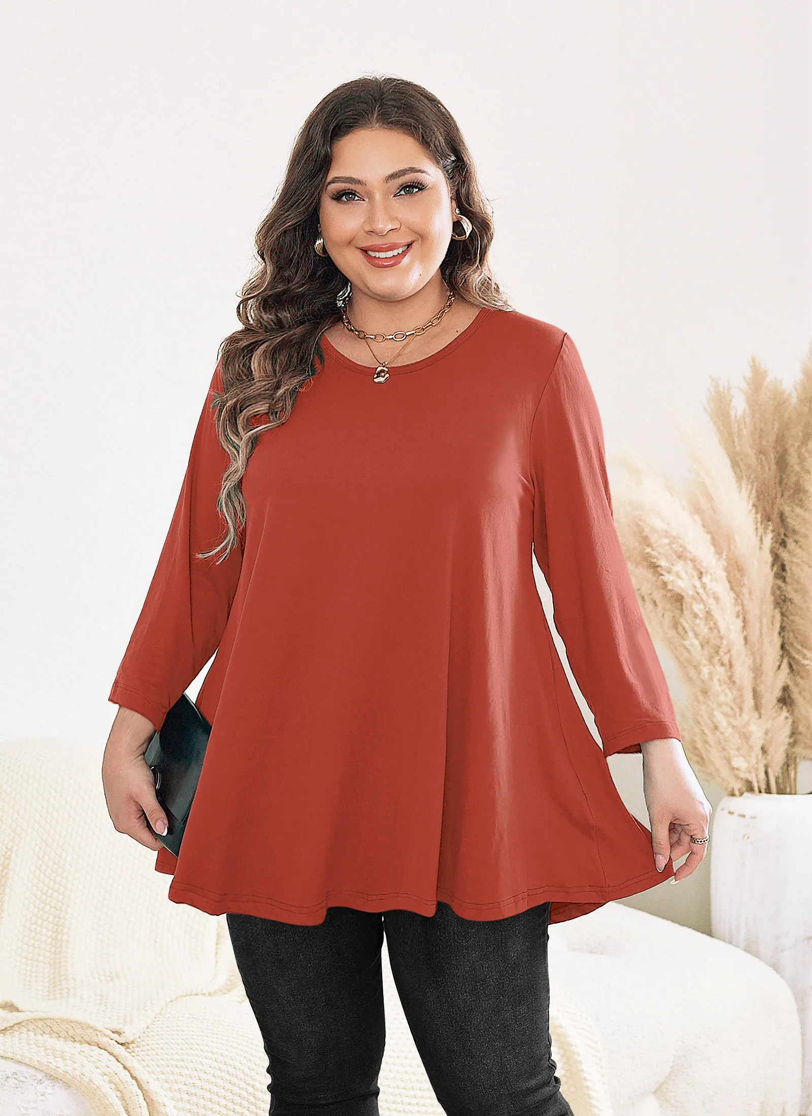Womens Tunic Tops 3/4 Sleeve Plus Size Crew Neck Swing Flare Loose Fit T-Shirt Blouses to Wear with Leggings