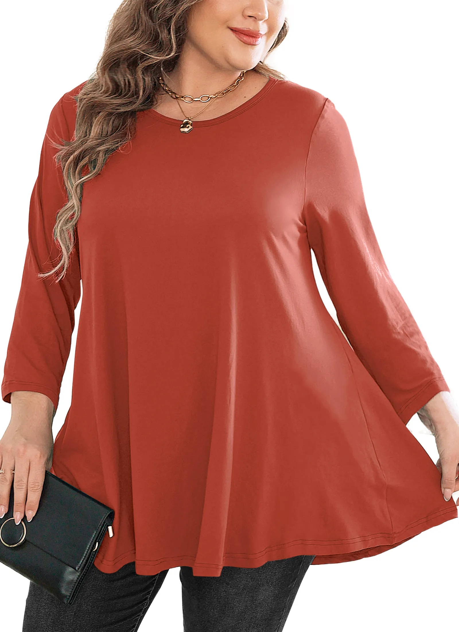 Womens Tunic Tops 3/4 Sleeve Plus Size Crew Neck Swing Flare Loose Fit T-Shirt Blouses to Wear with Leggings