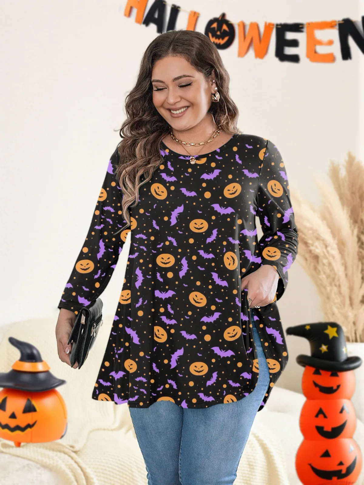 Womens Tunic Tops 3/4 Sleeve Plus Size Crew Neck Swing Flare Loose Fit T-Shirt Blouses to Wear with Leggings
