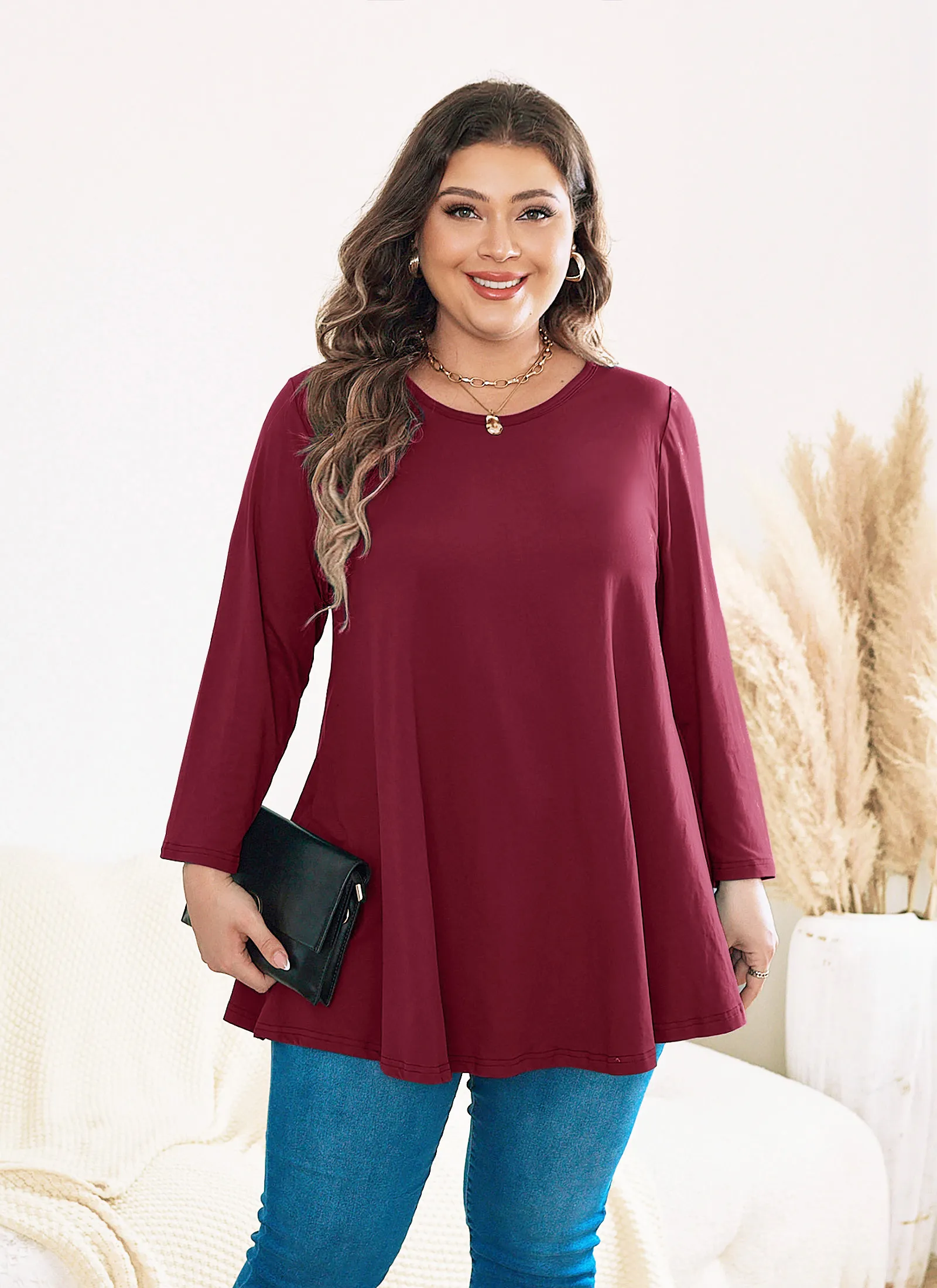 Womens Tunic Tops 3/4 Sleeve Plus Size Crew Neck Swing Flare Loose Fit T-Shirt Blouses to Wear with Leggings