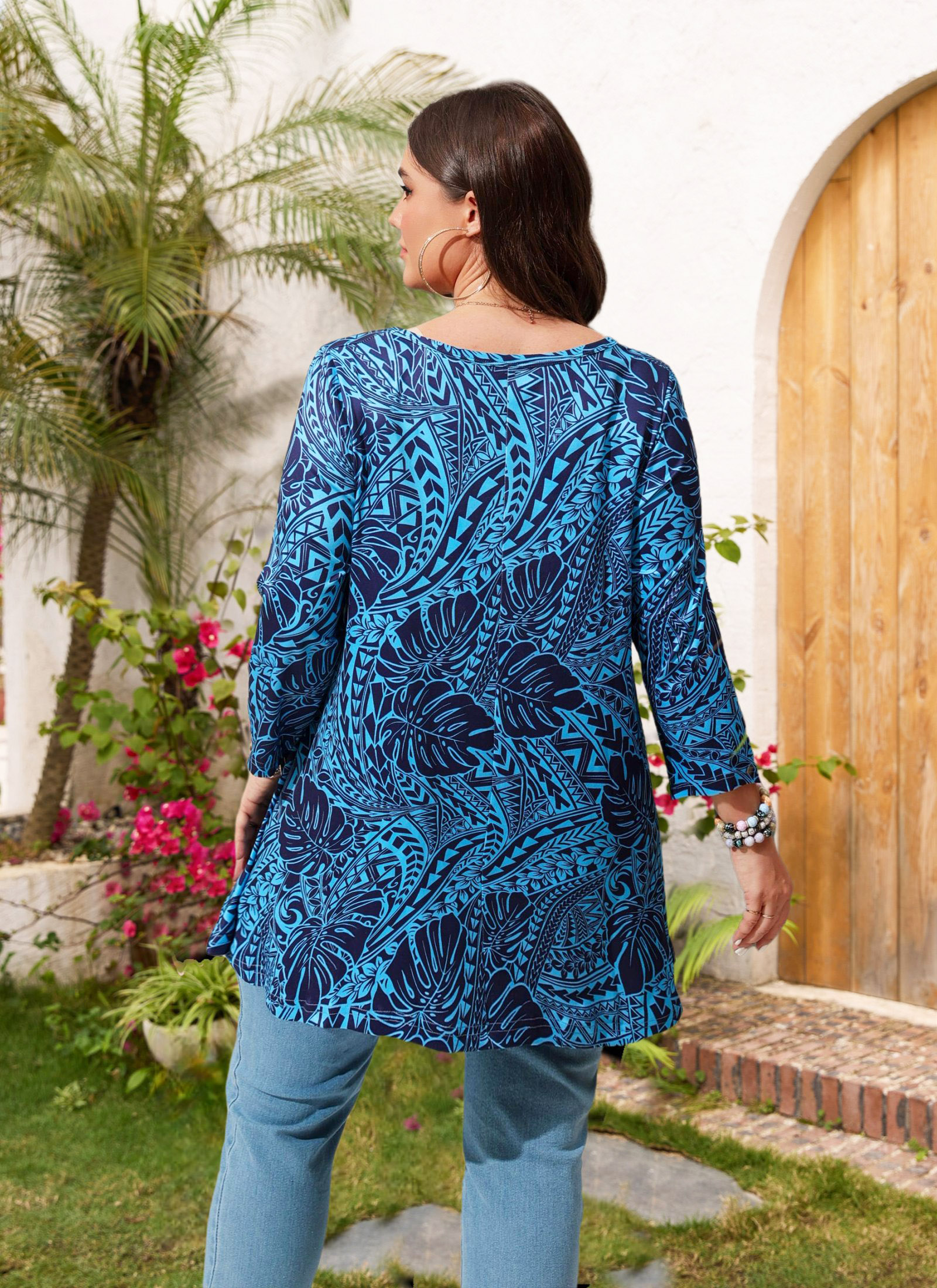 Womens Tunic Tops 3/4 Sleeve Plus Size Crew Neck Swing Flare Loose Fit T-Shirt Blouses to Wear with Leggings