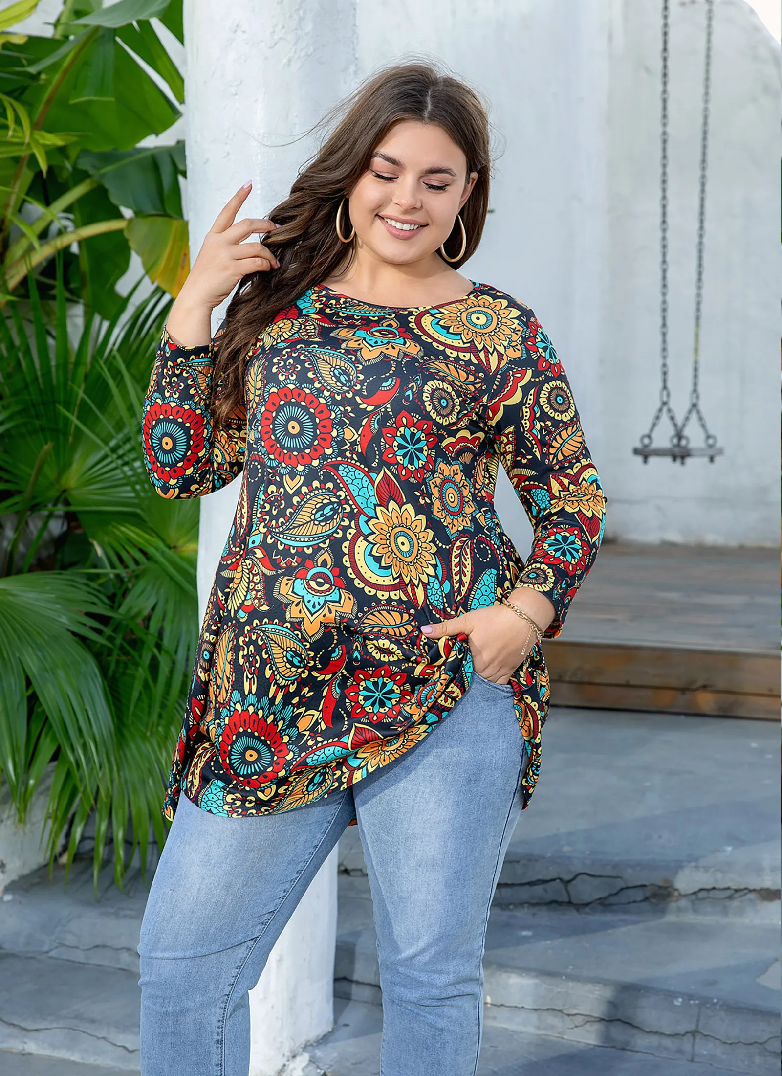 Womens Tunic Tops 3/4 Sleeve Plus Size Crew Neck Swing Flare Loose Fit T-Shirt Blouses to Wear with Leggings
