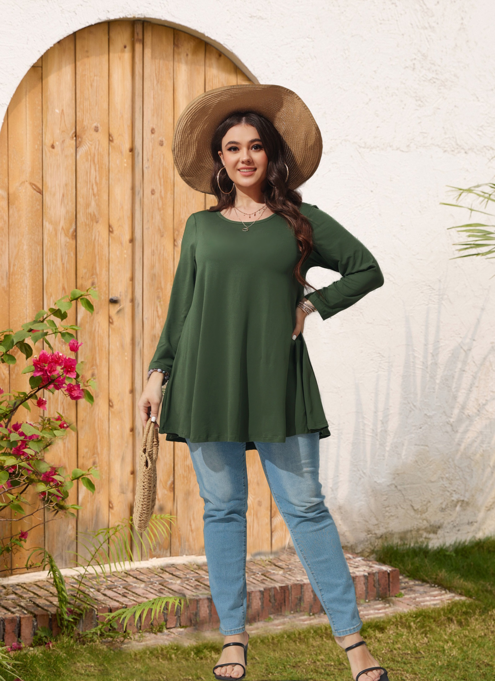 Womens Tunic Tops 3/4 Sleeve Plus Size Crew Neck Swing Flare Loose Fit T-Shirt Blouses to Wear with Leggings