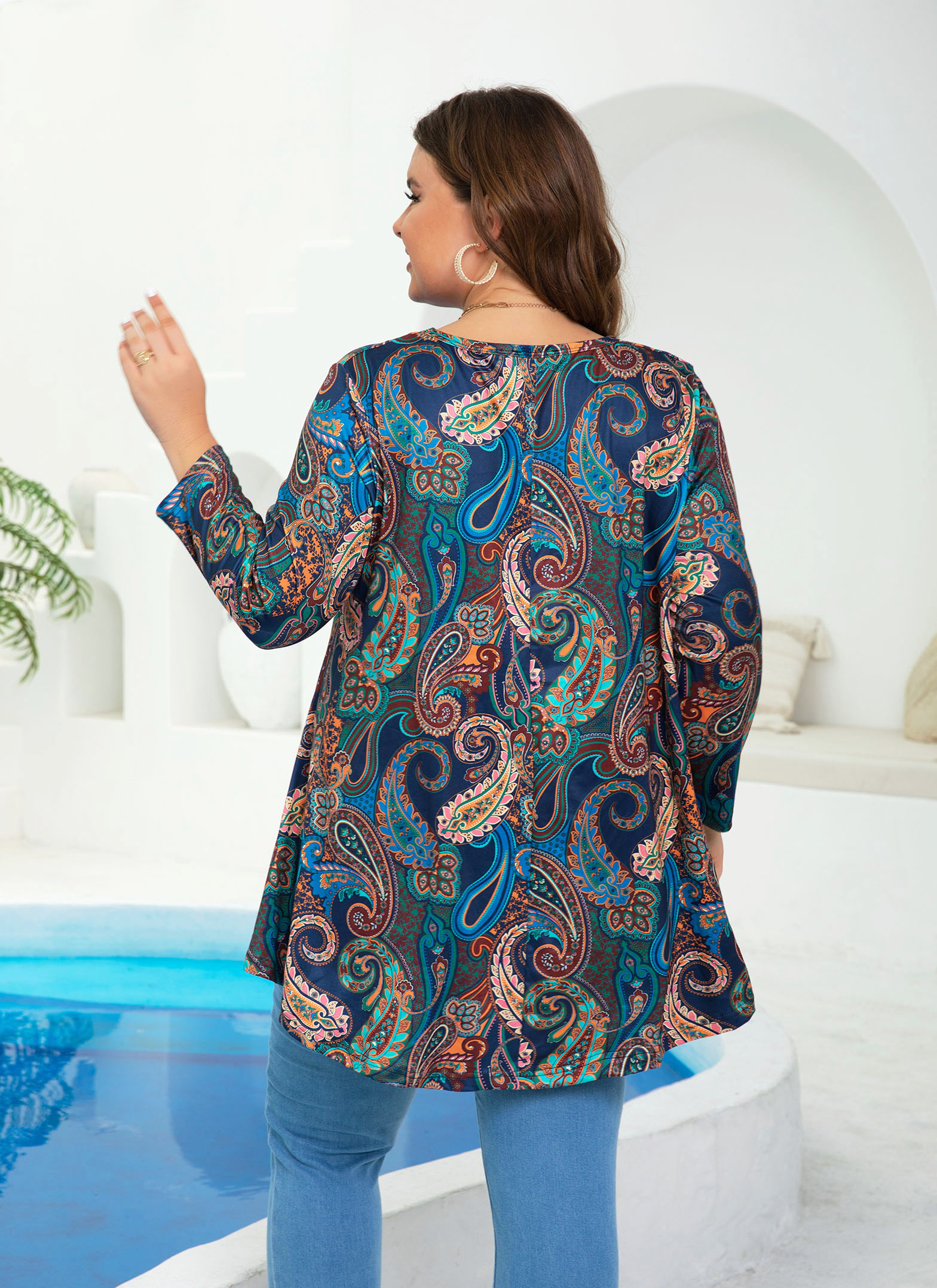 Womens Tunic Tops 3/4 Sleeve Plus Size Crew Neck Swing Flare Loose Fit T-Shirt Blouses to Wear with Leggings