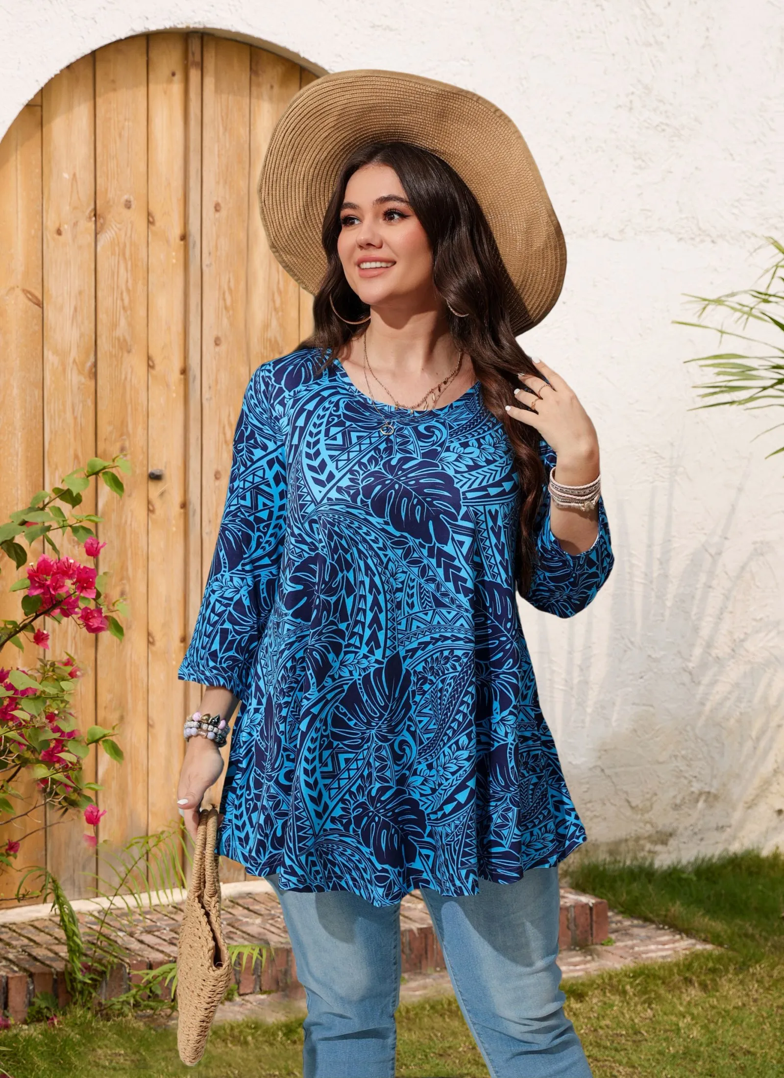 Womens Tunic Tops 3/4 Sleeve Plus Size Crew Neck Swing Flare Loose Fit T-Shirt Blouses to Wear with Leggings