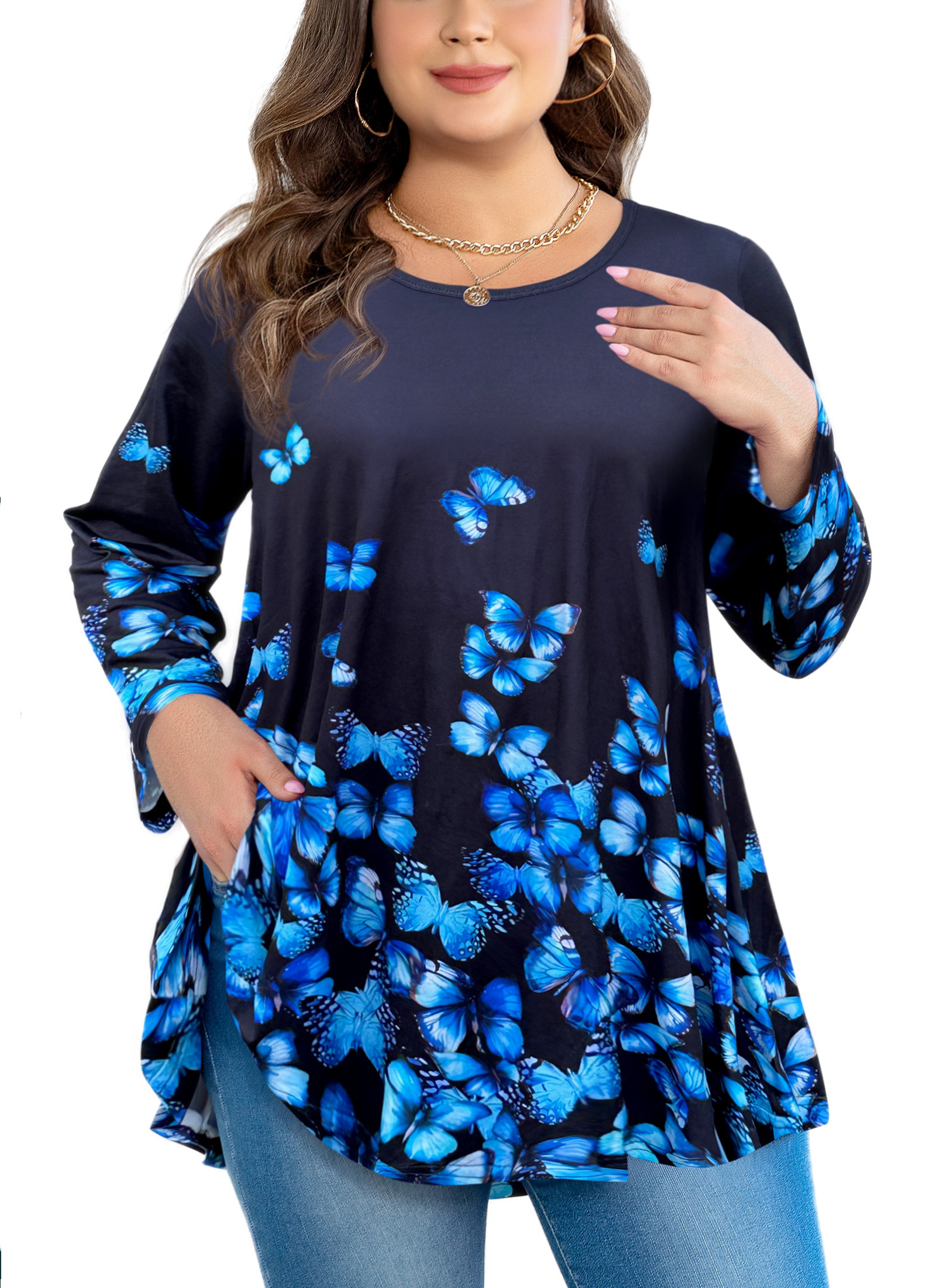 Womens Tunic 3/4 Sleeve Plus Size Tops Crew Neck Swing Flowy Loose Fit T-Shirt Blouses to Wear with Leggings