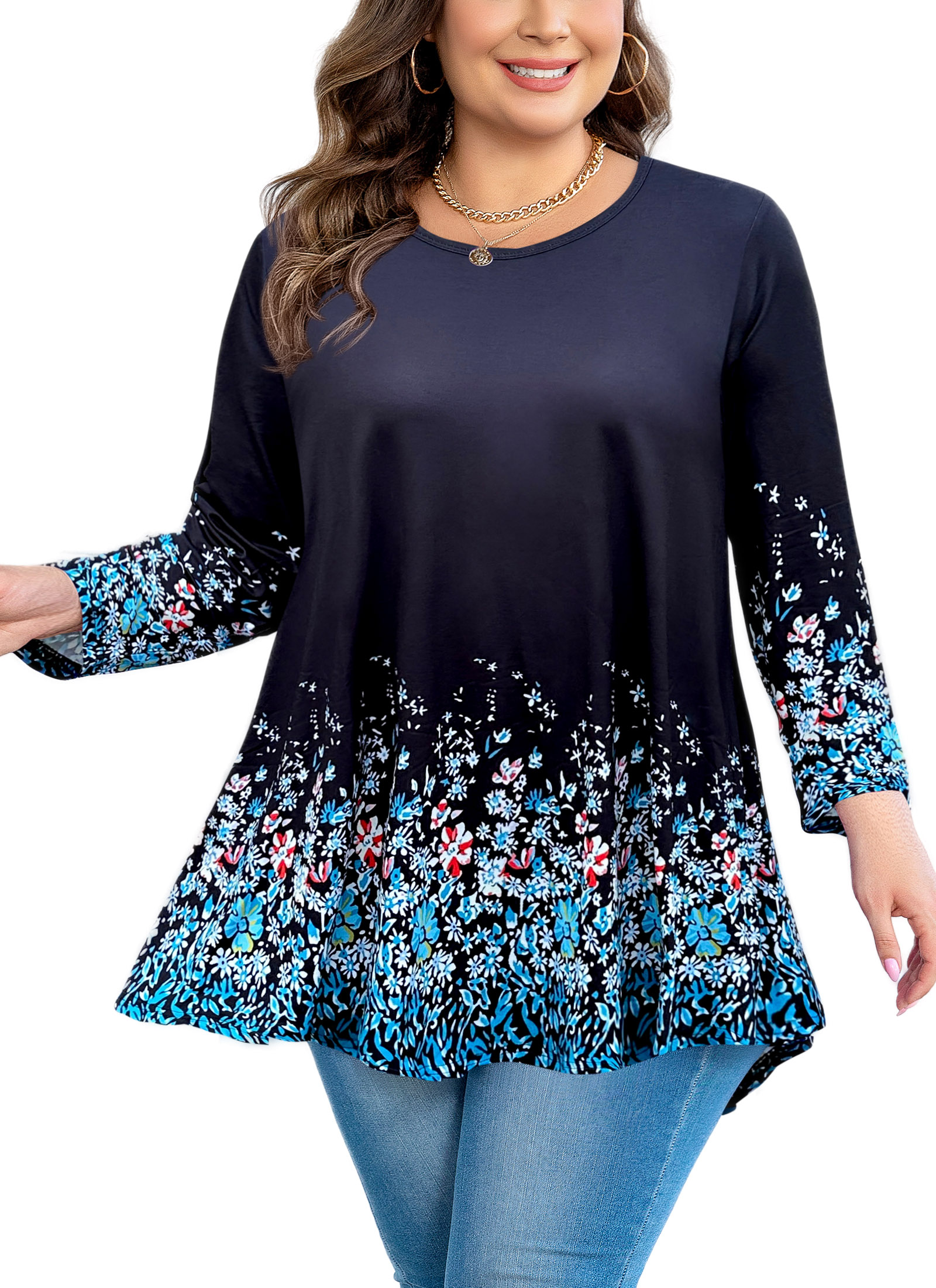 Womens Tunic 3/4 Sleeve Plus Size Tops Crew Neck Swing Flowy Loose Fit T-Shirt Blouses to Wear with Leggings